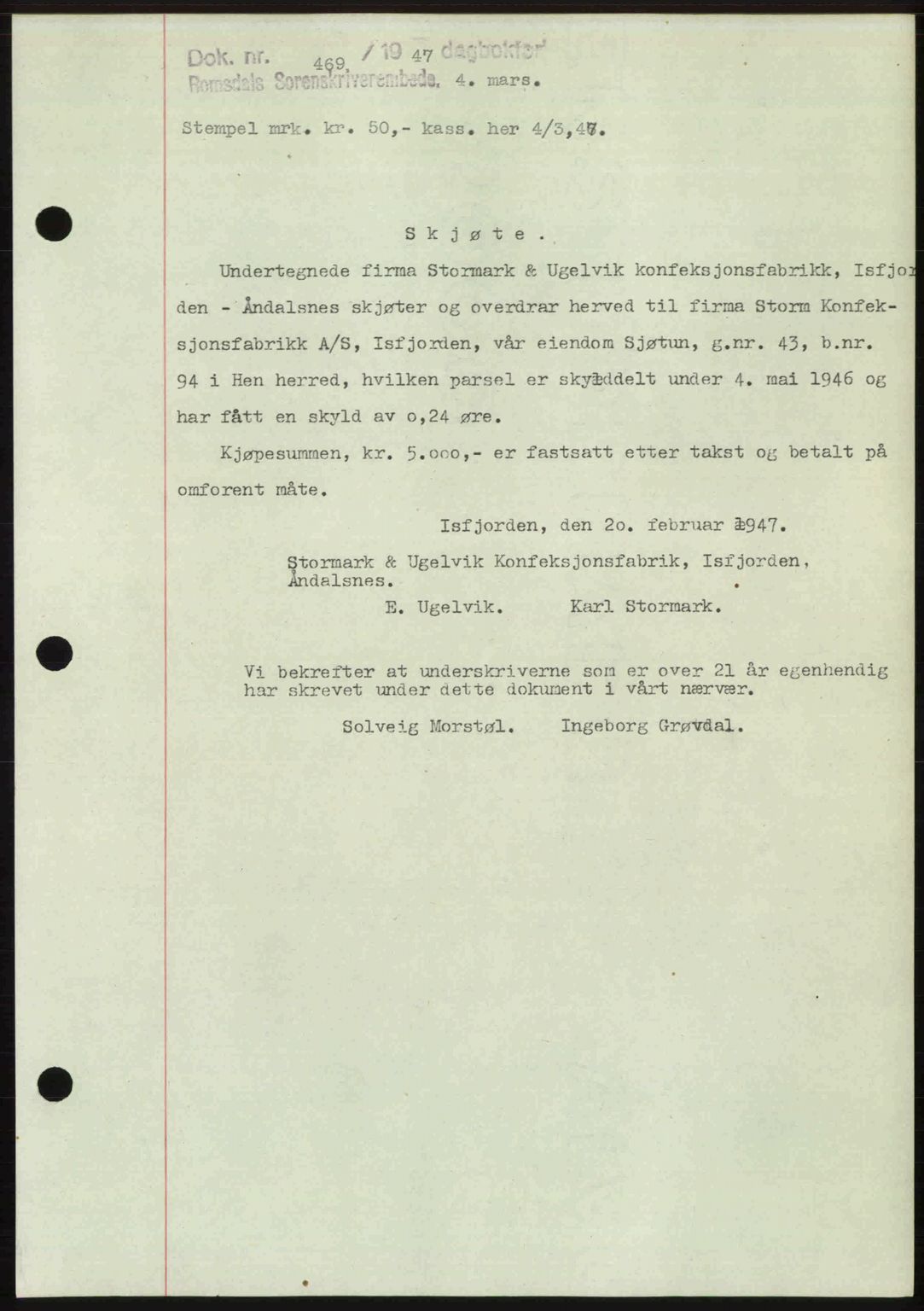 Romsdal sorenskriveri, AV/SAT-A-4149/1/2/2C: Mortgage book no. A22, 1947-1947, Diary no: : 469/1947