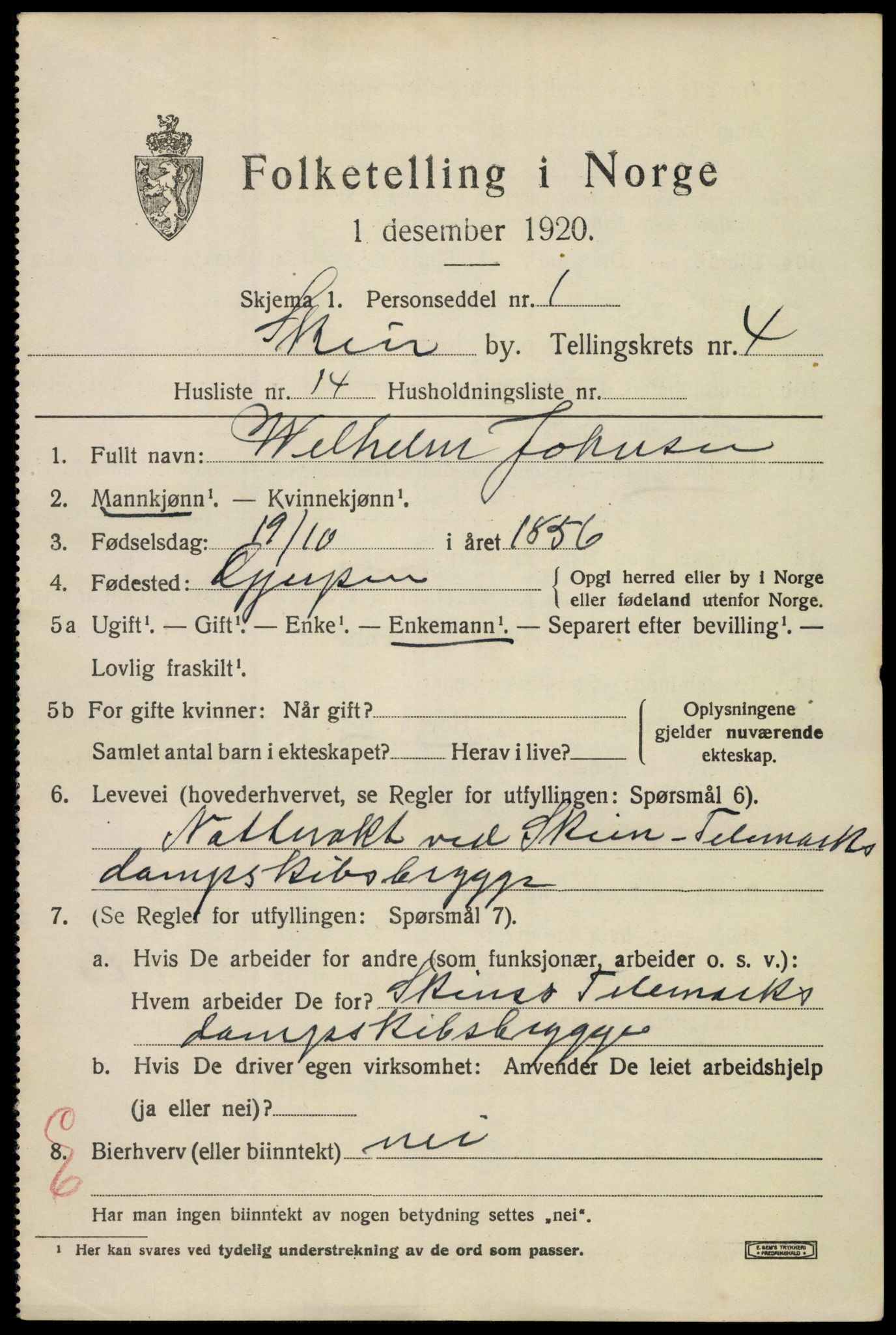 SAKO, 1920 census for Skien, 1920, p. 16854