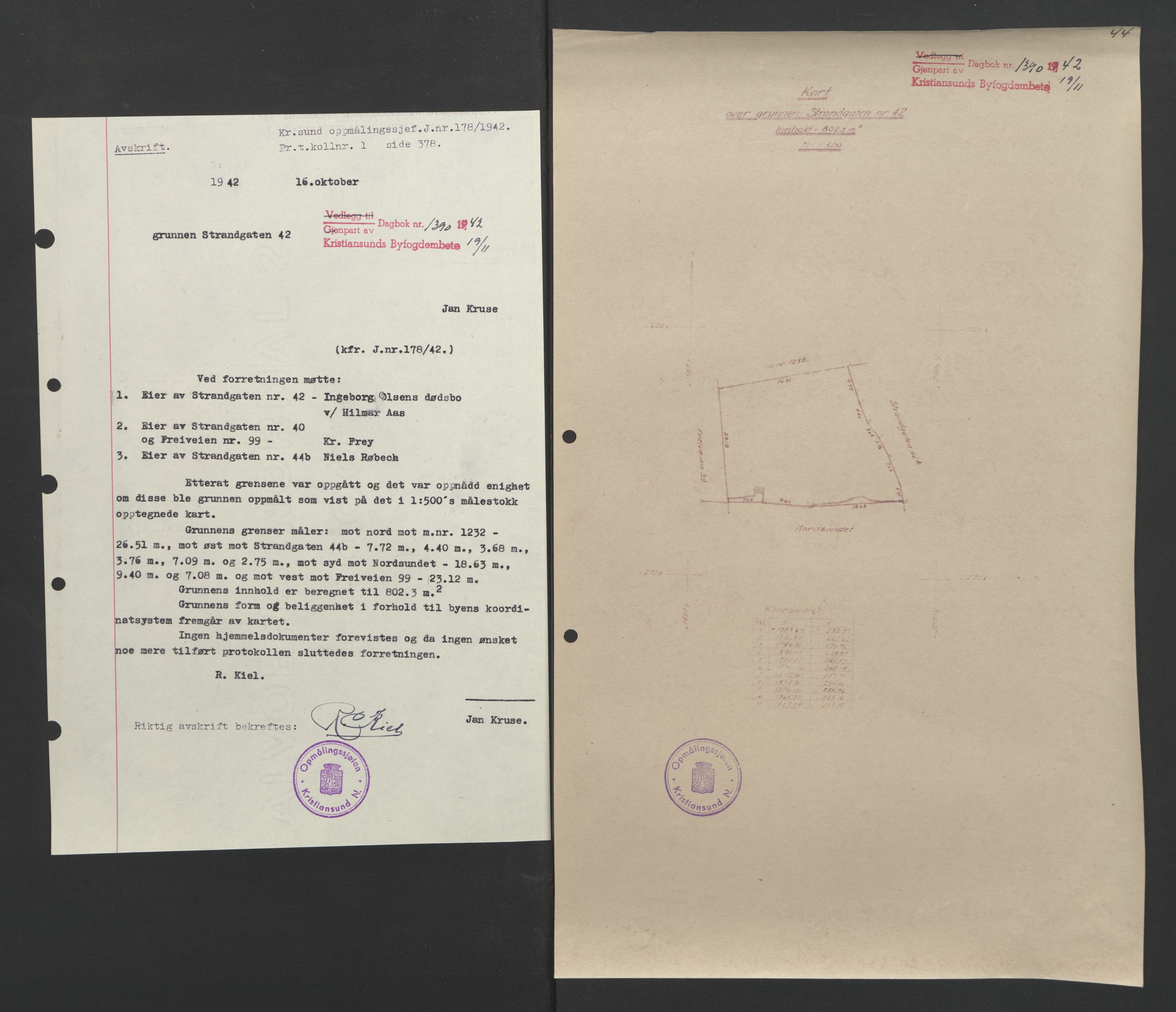 Kristiansund byfogd, AV/SAT-A-4587/A/27: Mortgage book no. 37, 1942-1945, Diary no: : 1390/1942