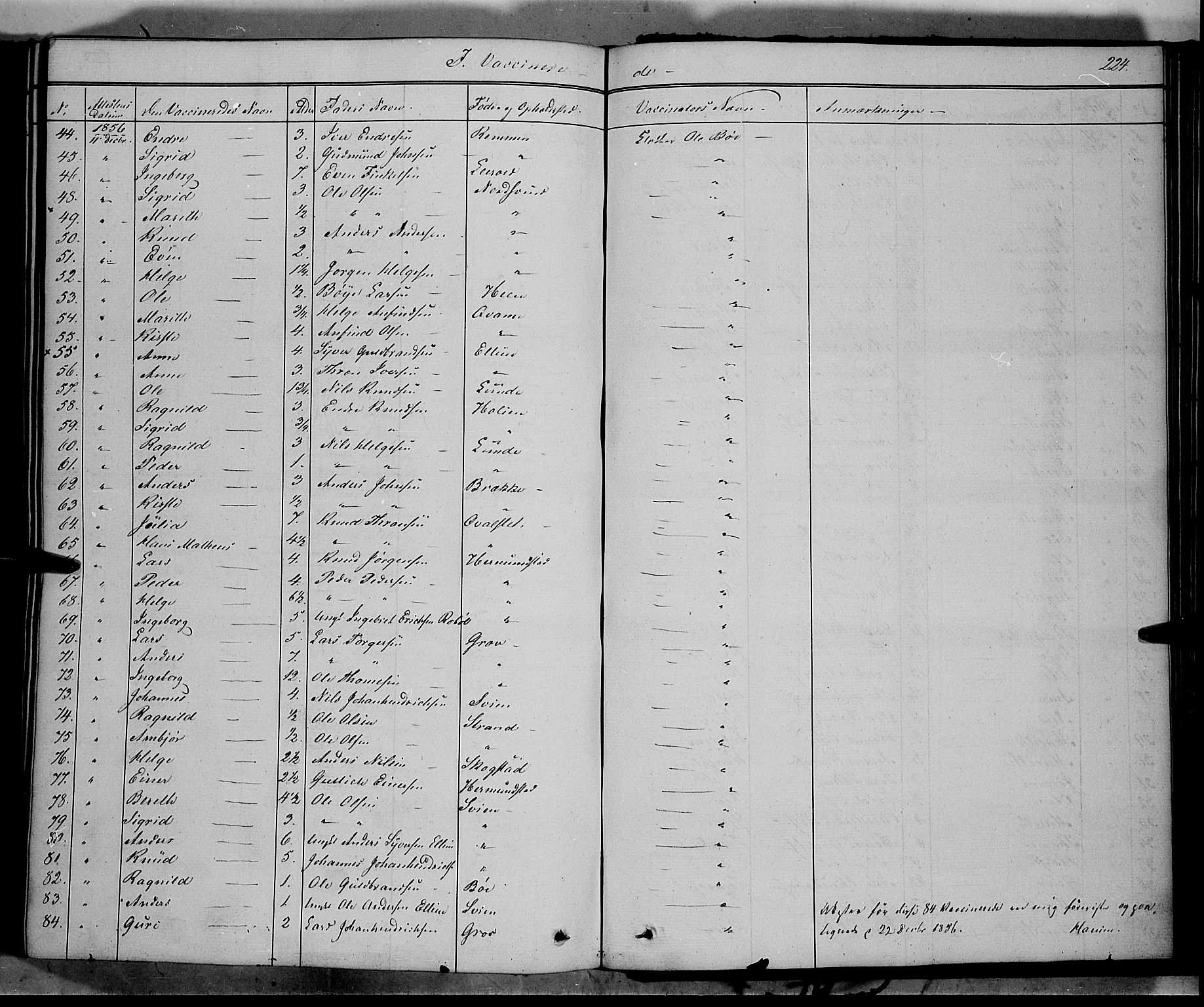 Vang prestekontor, Valdres, SAH/PREST-140/H/Ha/L0006: Parish register (official) no. 6, 1846-1864, p. 224
