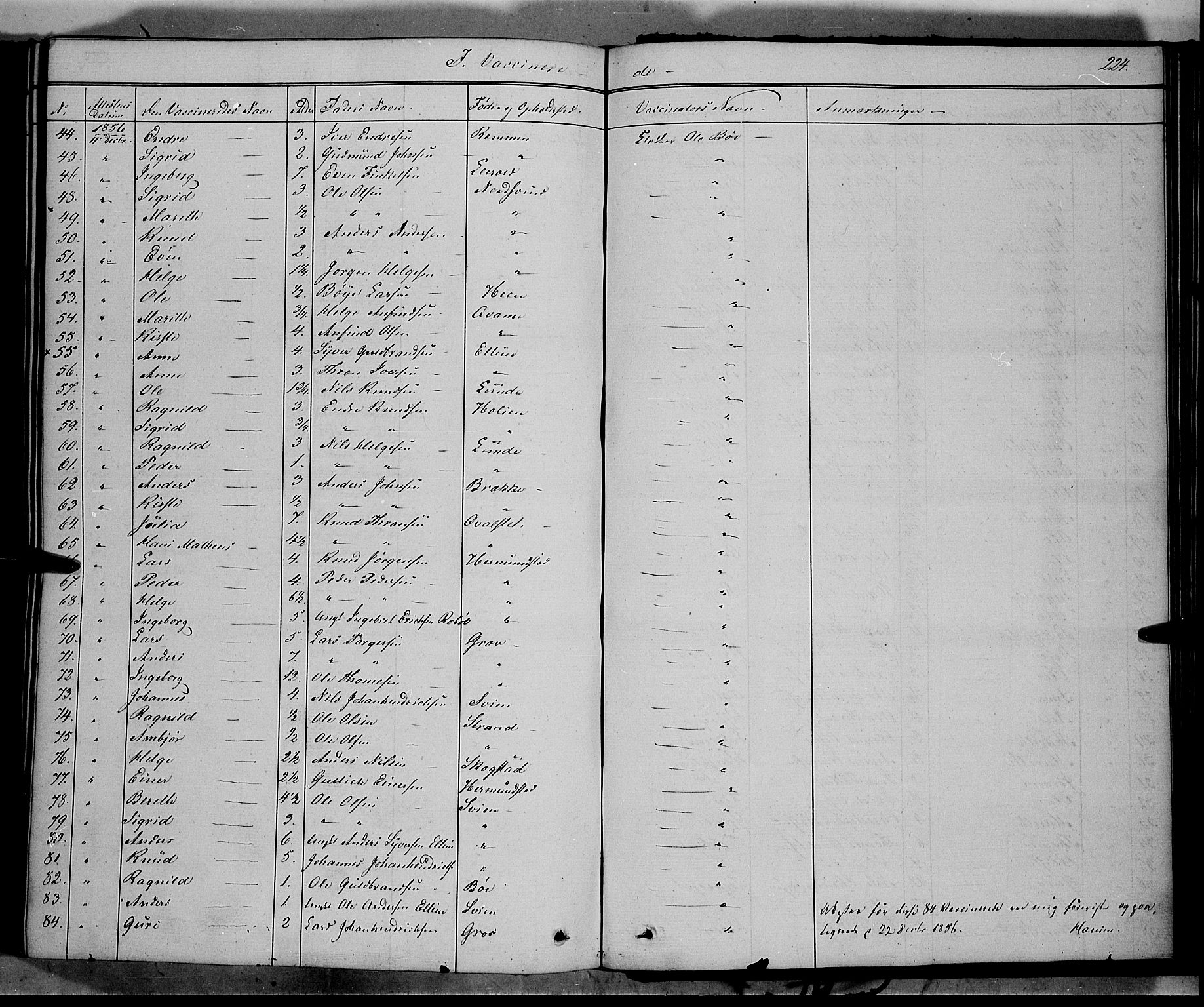 Vang prestekontor, Valdres, AV/SAH-PREST-140/H/Ha/L0006: Parish register (official) no. 6, 1846-1864, p. 224