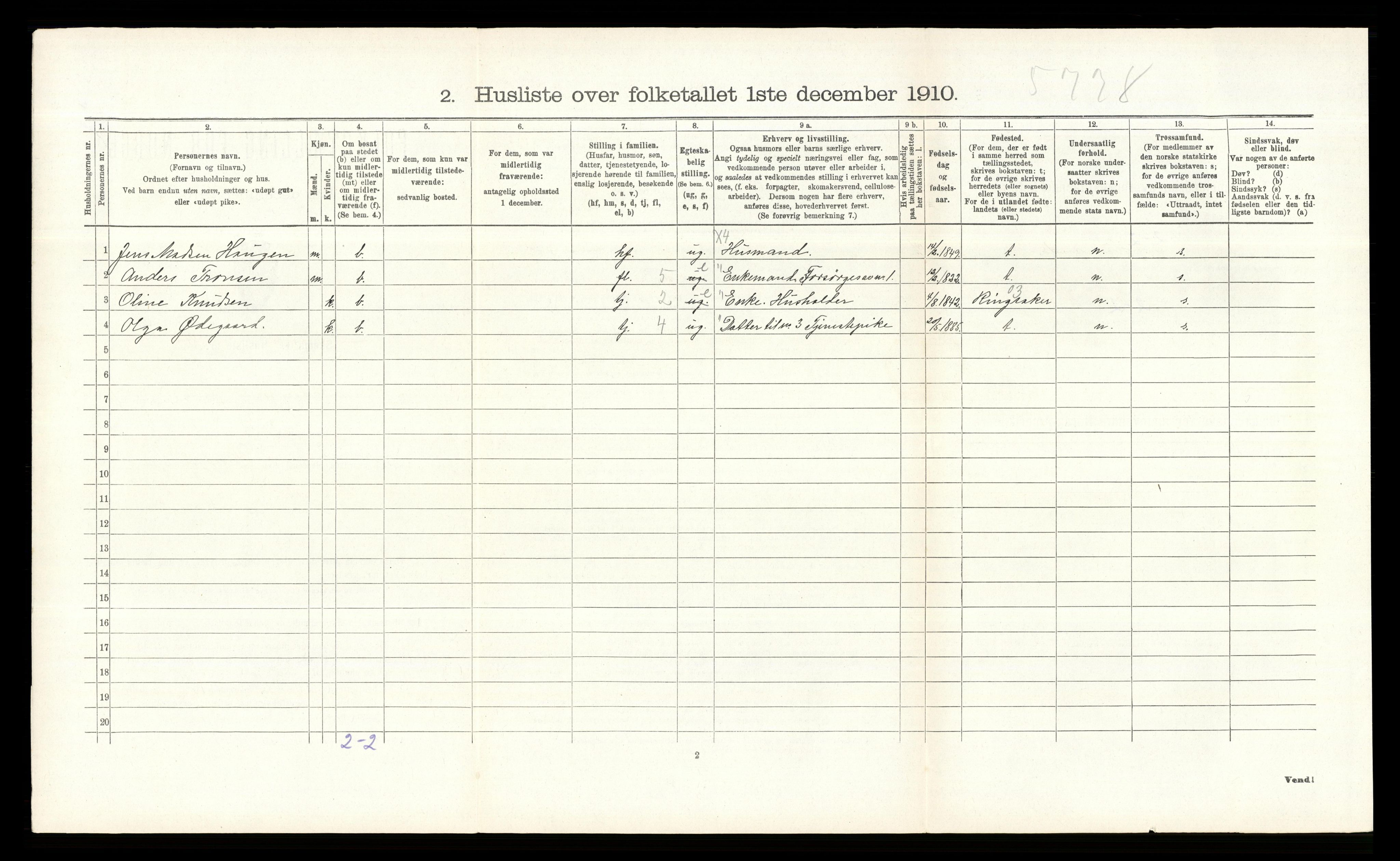 RA, 1910 census for Stange, 1910, p. 2043