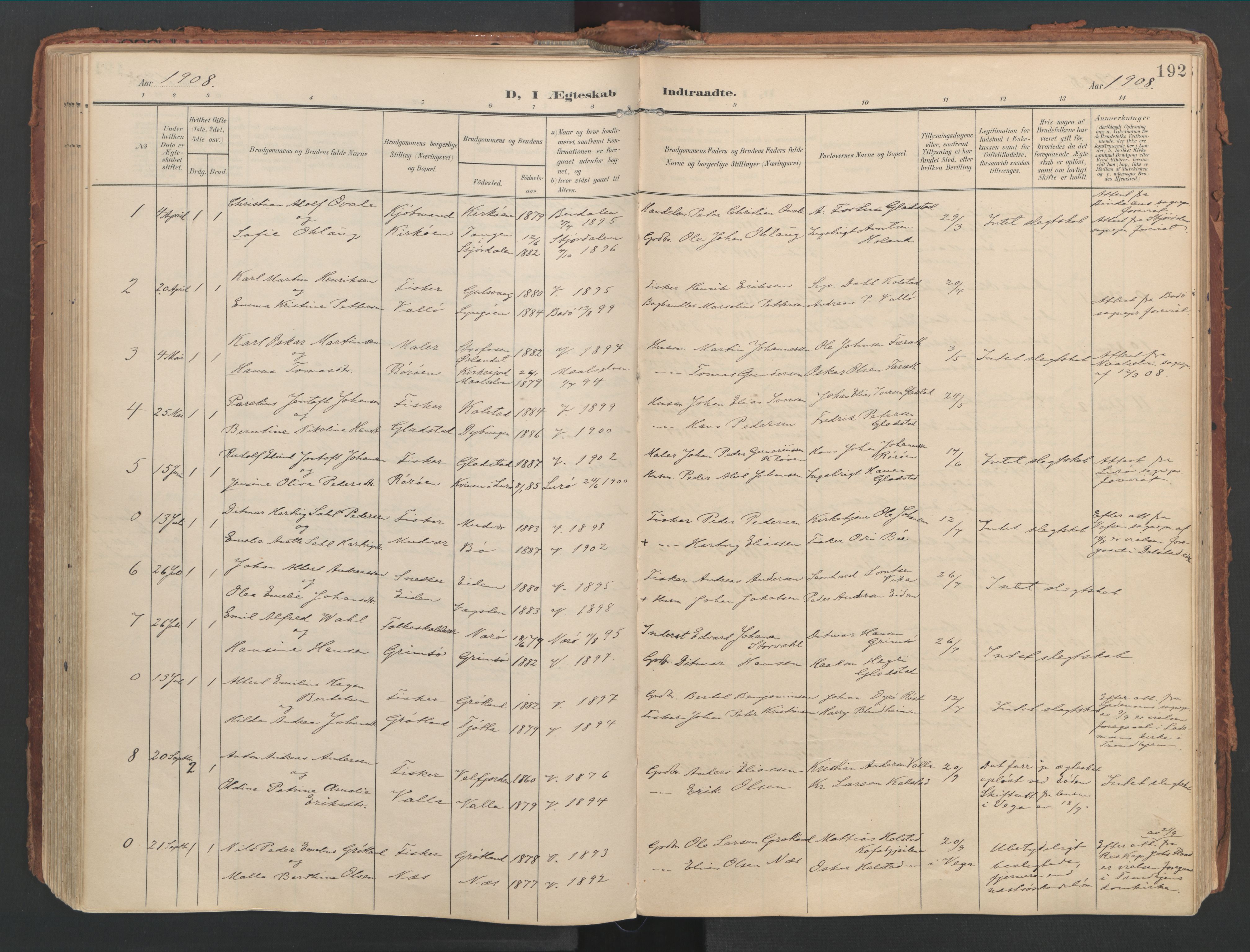 Ministerialprotokoller, klokkerbøker og fødselsregistre - Nordland, SAT/A-1459/816/L0250: Parish register (official) no. 816A16, 1903-1923, p. 192