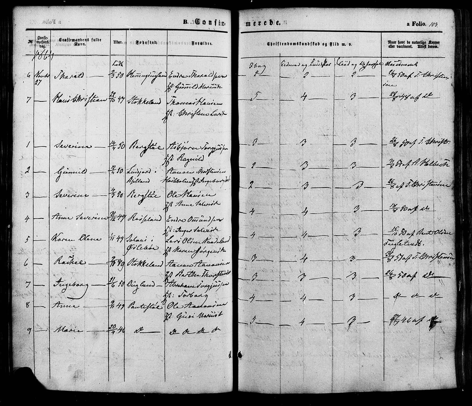 Søgne sokneprestkontor, AV/SAK-1111-0037/F/Fa/Faa/L0002: Parish register (official) no. A 2, 1854-1882, p. 103