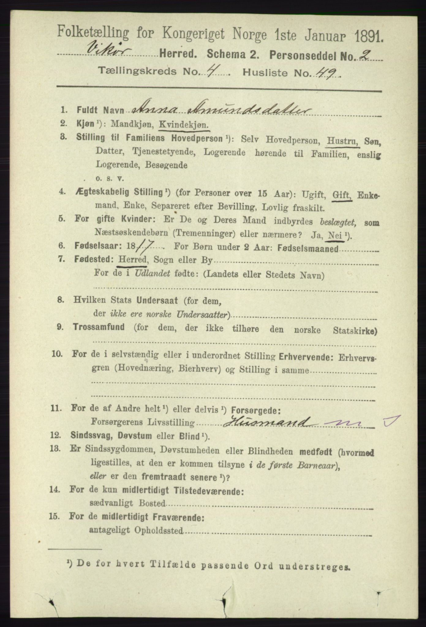 RA, 1891 census for 1238 Vikør, 1891, p. 1354