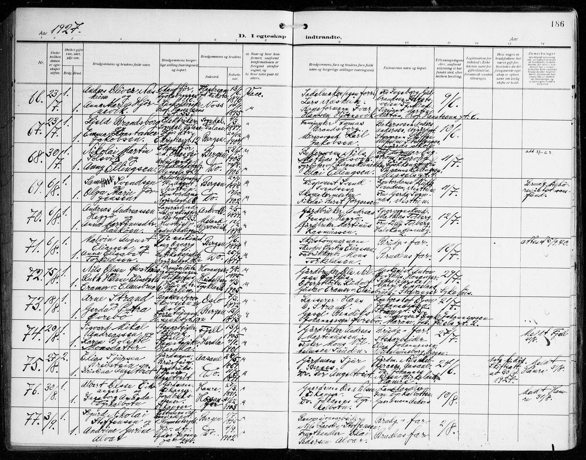 Johanneskirken sokneprestembete, AV/SAB-A-76001/H/Haa/L0013: Parish register (official) no. D 2, 1912-1929, p. 186