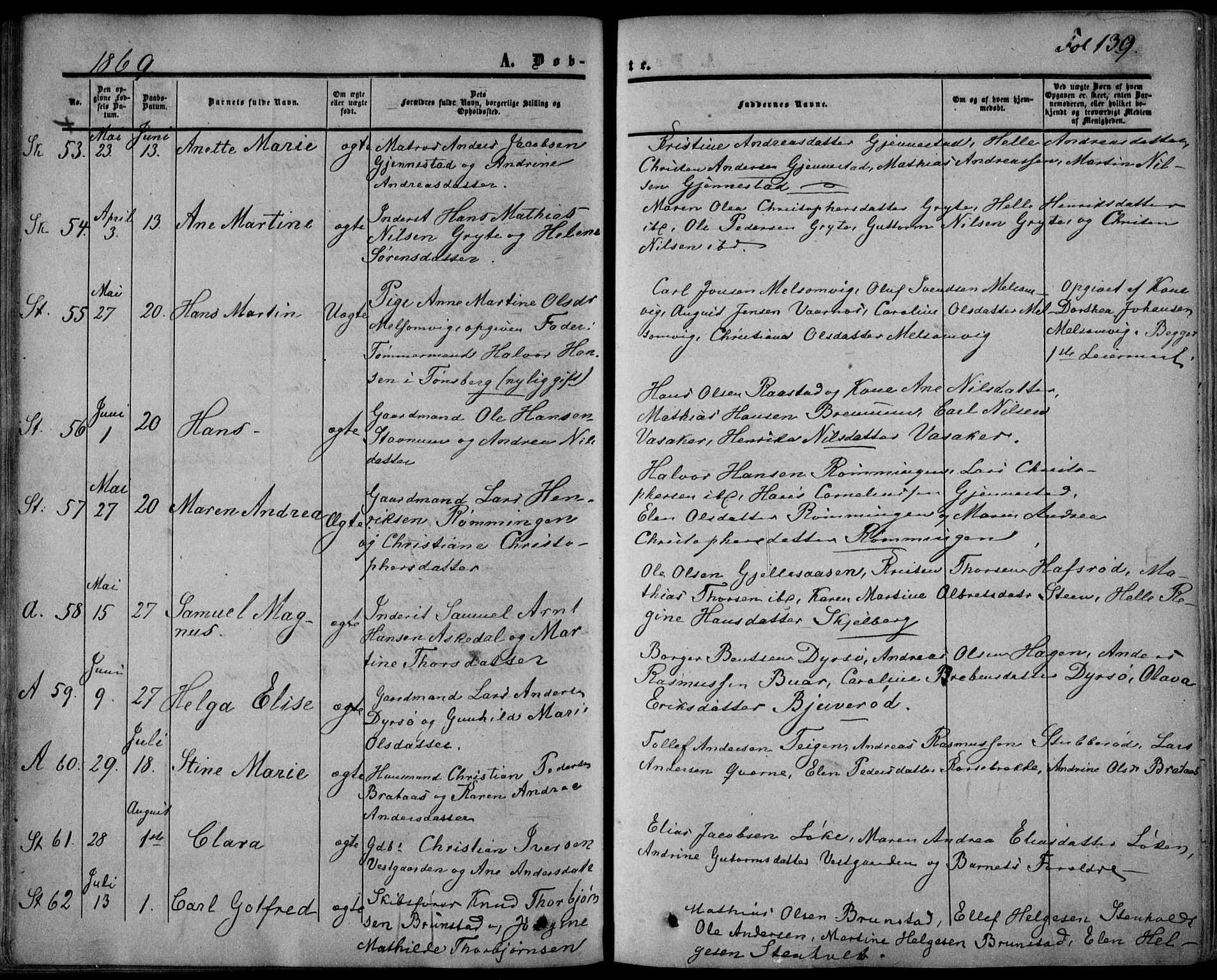 Stokke kirkebøker, AV/SAKO-A-320/F/Fa/L0008: Parish register (official) no. I 8, 1858-1871, p. 139