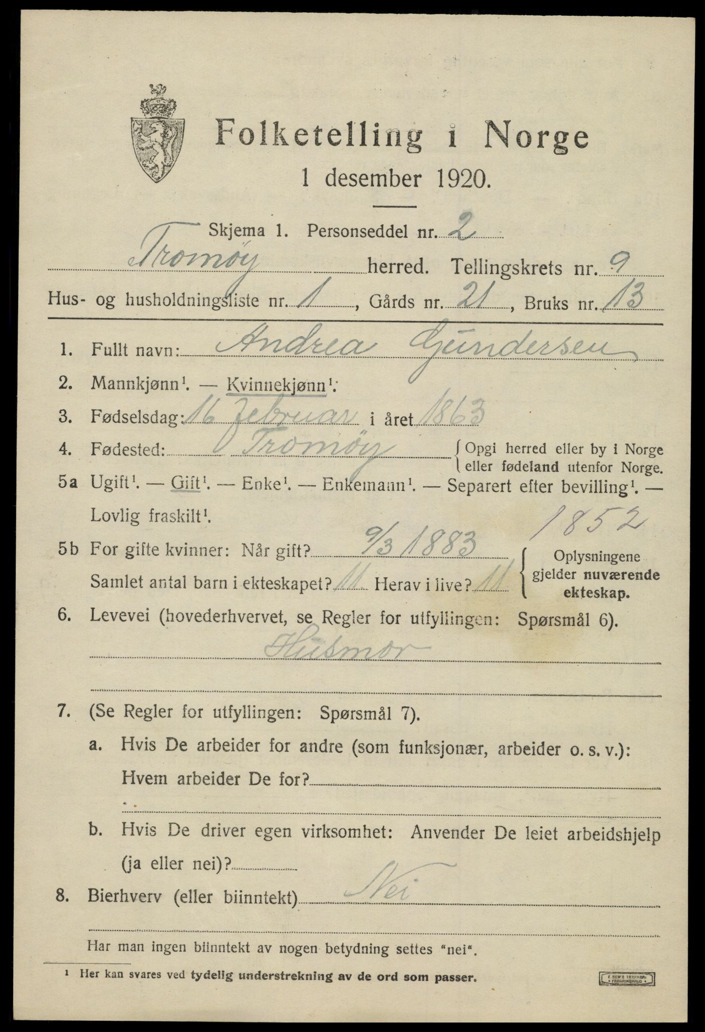 SAK, 1920 census for Tromøy, 1920, p. 5869