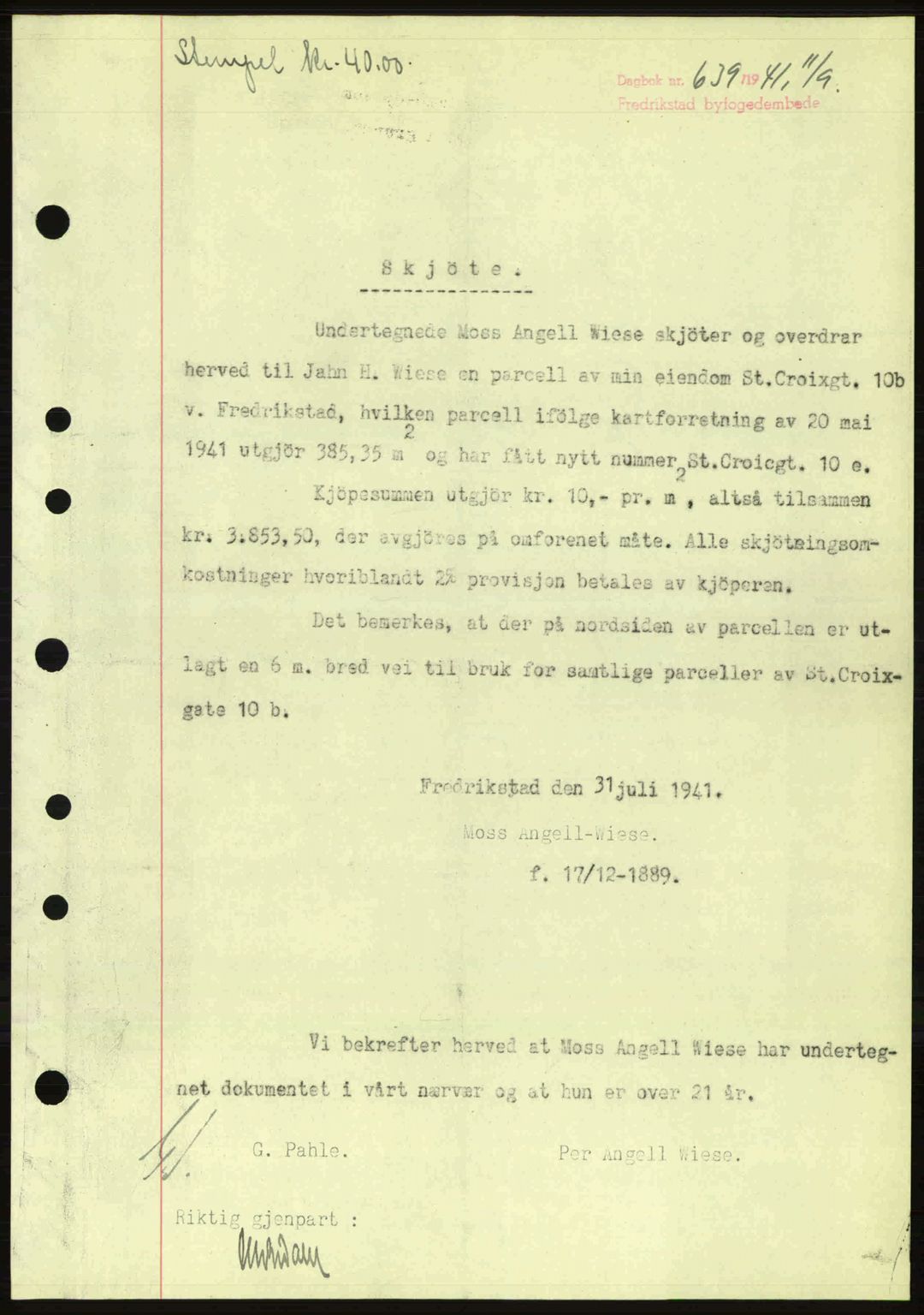 Fredrikstad byfogd, AV/SAO-A-10473a/G/Ga/Gac/L0002: Mortgage book no. A32a, 1940-1945, Diary no: : 639/1941