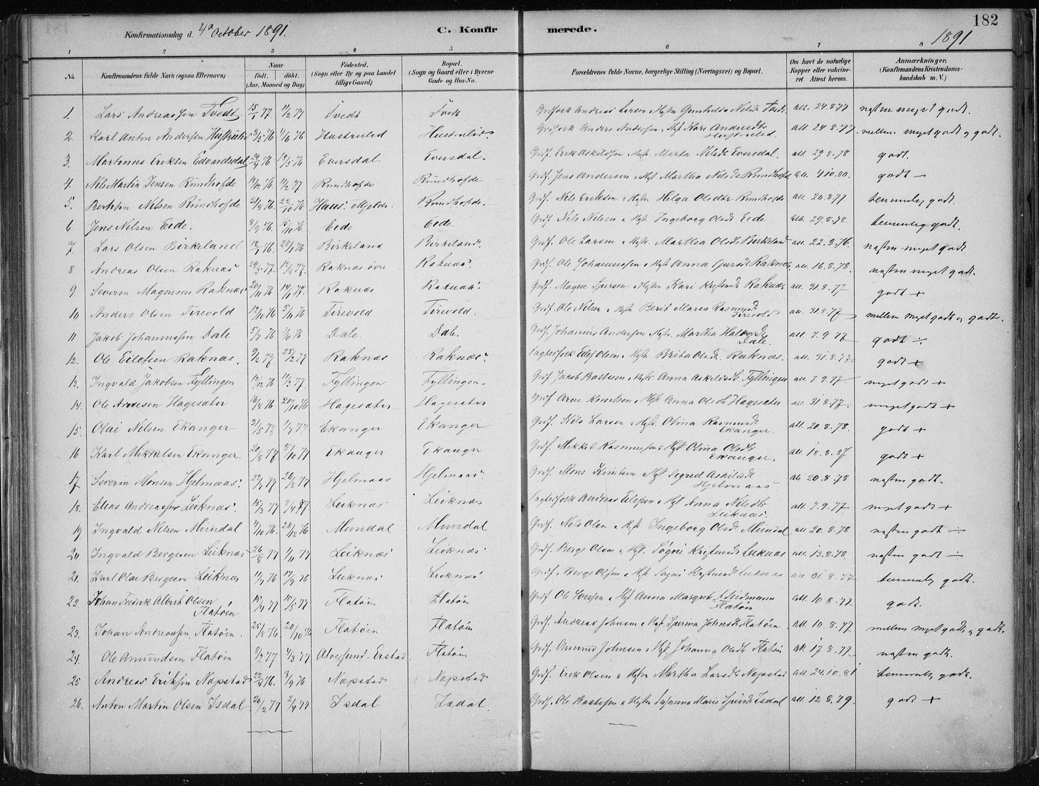 Hamre sokneprestembete, SAB/A-75501/H/Ha/Haa/Haab/L0001: Parish register (official) no. B  1, 1882-1905, p. 182