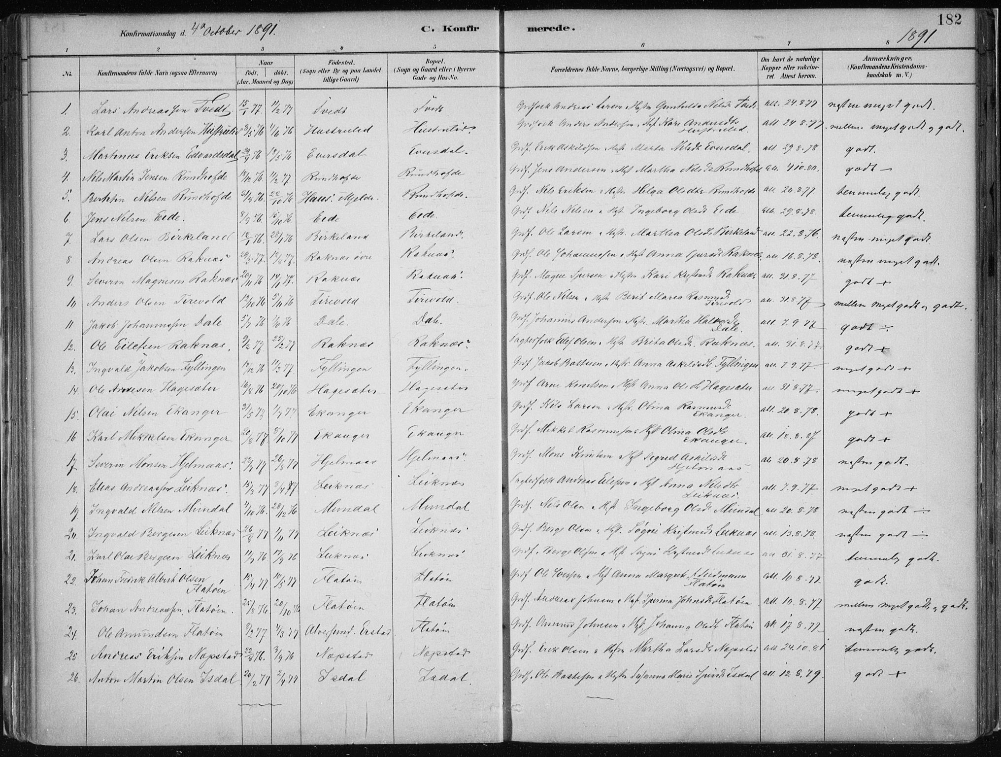 Hamre sokneprestembete, AV/SAB-A-75501/H/Ha/Haa/Haab/L0001: Parish register (official) no. B  1, 1882-1905, p. 182