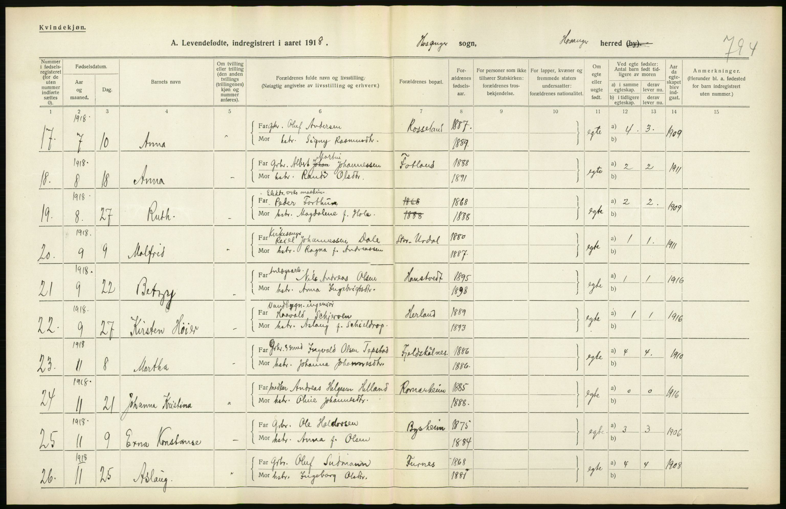 Statistisk sentralbyrå, Sosiodemografiske emner, Befolkning, RA/S-2228/D/Df/Dfb/Dfbh/L0034: Hordaland fylke: Levendefødte menn og kvinner. Bygder., 1918, p. 194