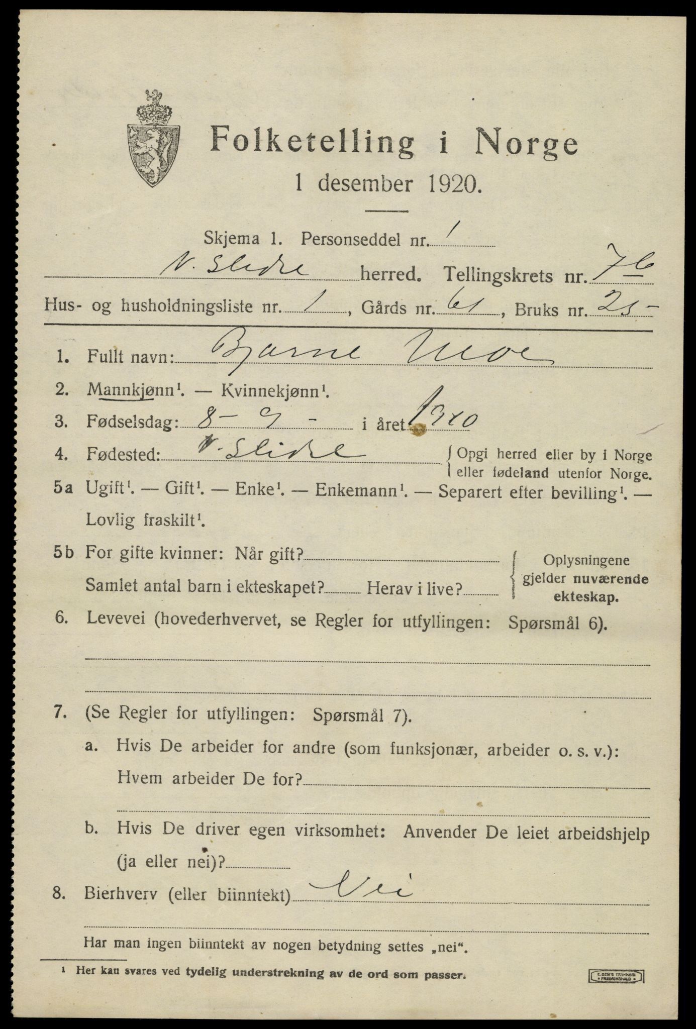 SAH, 1920 census for Vestre Slidre, 1920, p. 4042