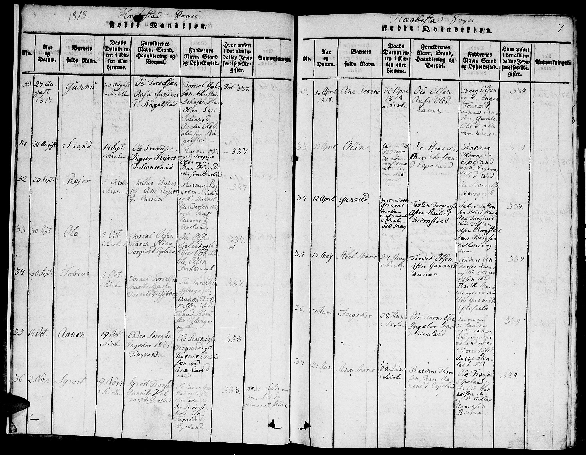 Hægebostad sokneprestkontor, SAK/1111-0024/F/Fa/Faa/L0002: Parish register (official) no. A 2 /1, 1816-1825, p. 7