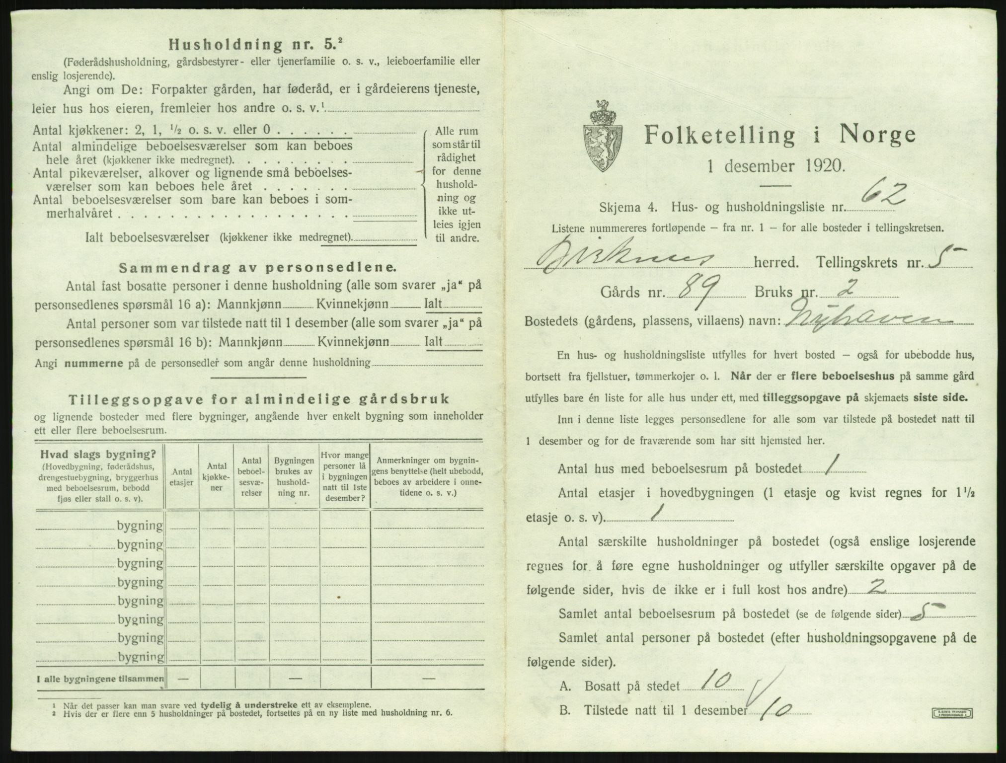 SAK, 1920 census for Birkenes, 1920, p. 567