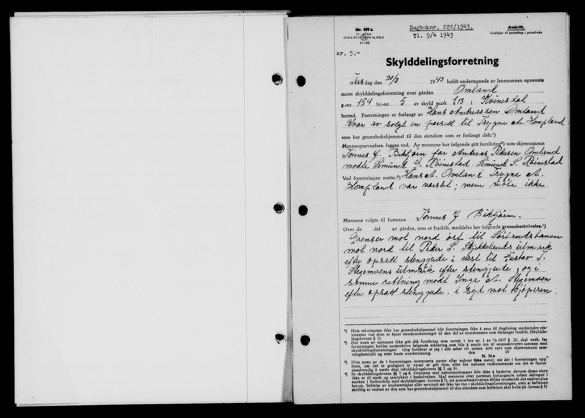 Flekkefjord sorenskriveri, SAK/1221-0001/G/Gb/Gba/L0058: Mortgage book no. A-6, 1942-1944, Diary no: : 228/1943