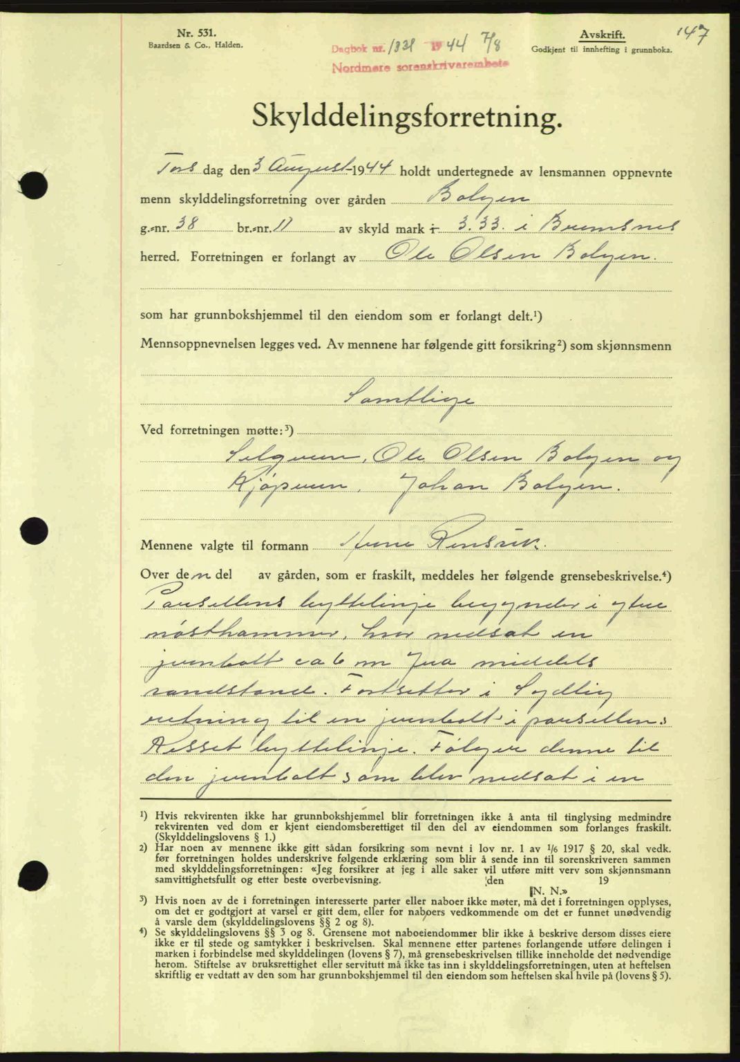 Nordmøre sorenskriveri, AV/SAT-A-4132/1/2/2Ca: Mortgage book no. A98, 1944-1944, Diary no: : 1331/1944