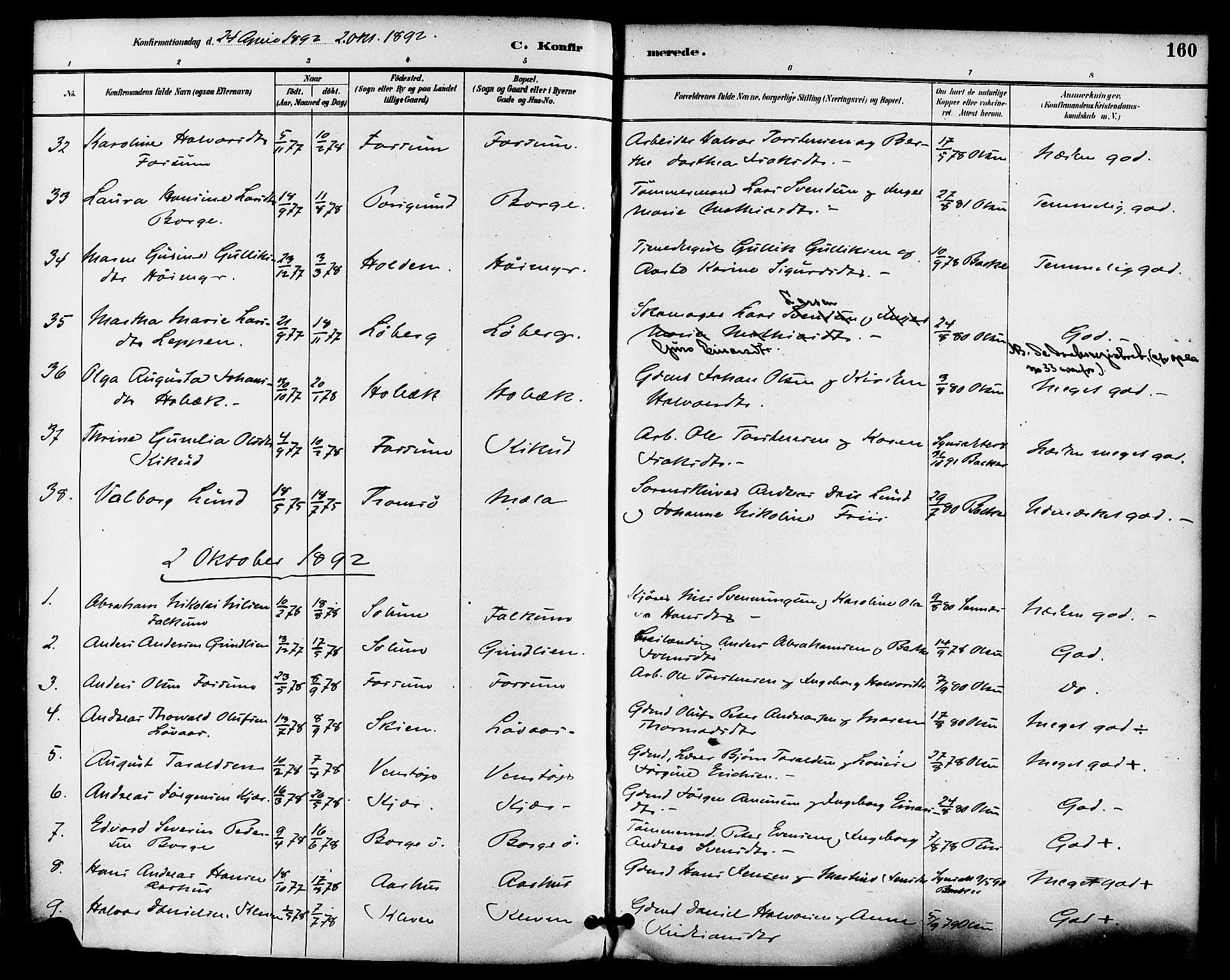 Gjerpen kirkebøker, AV/SAKO-A-265/F/Fa/L0010: Parish register (official) no. I 10, 1886-1895, p. 160