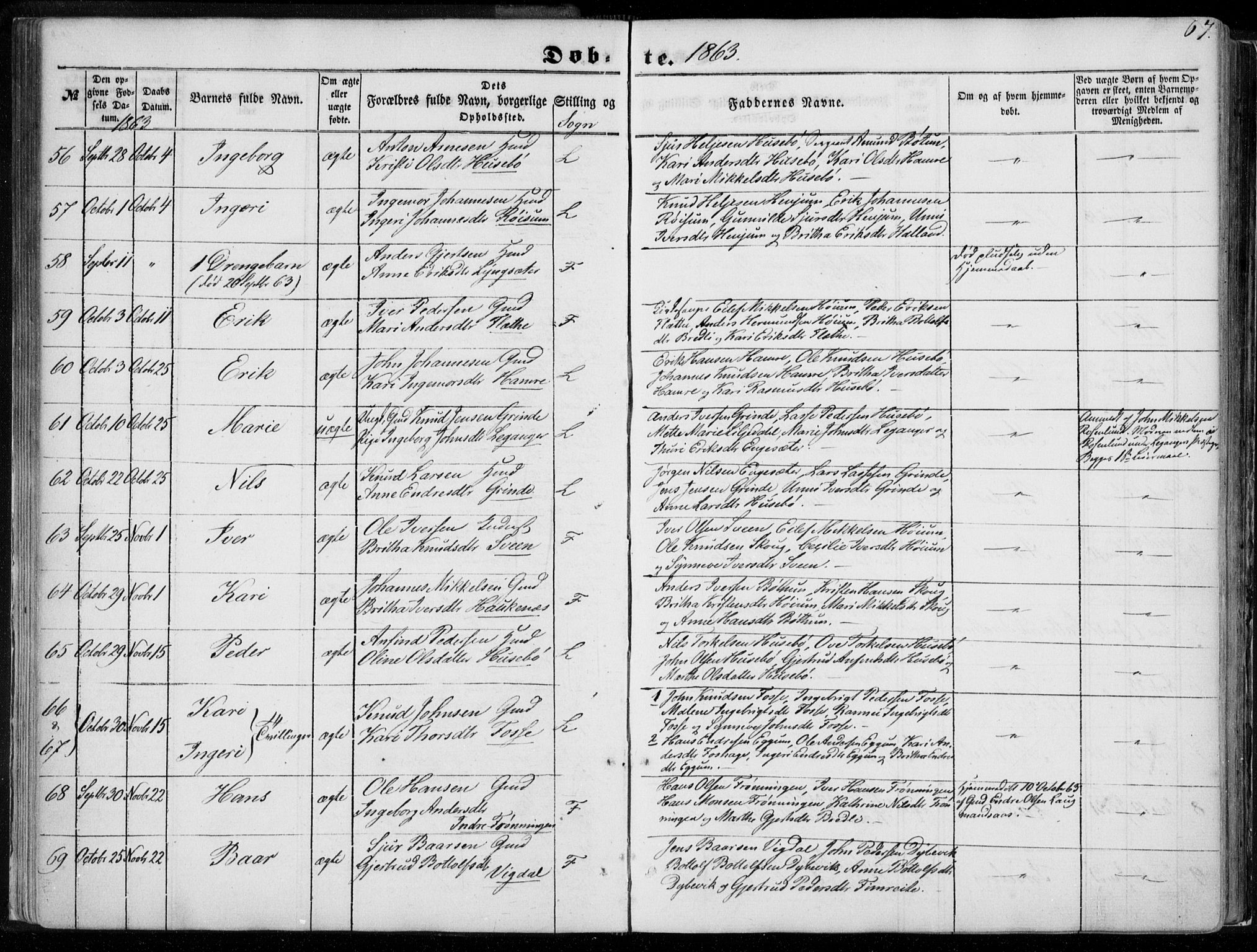 Leikanger sokneprestembete, SAB/A-81001: Parish register (official) no. A 8, 1852-1868, p. 67