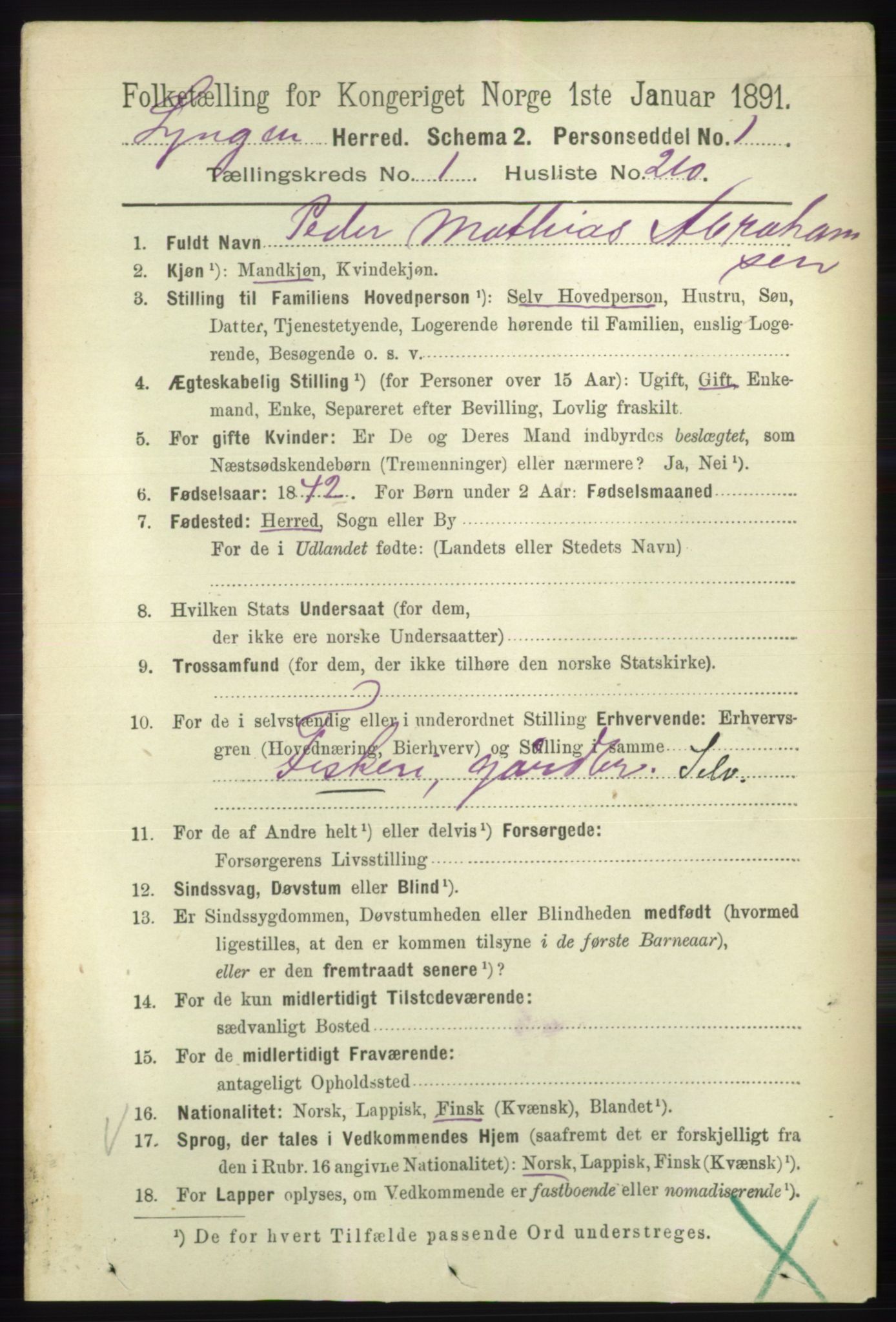 RA, 1891 census for 1938 Lyngen, 1891, p. 1658