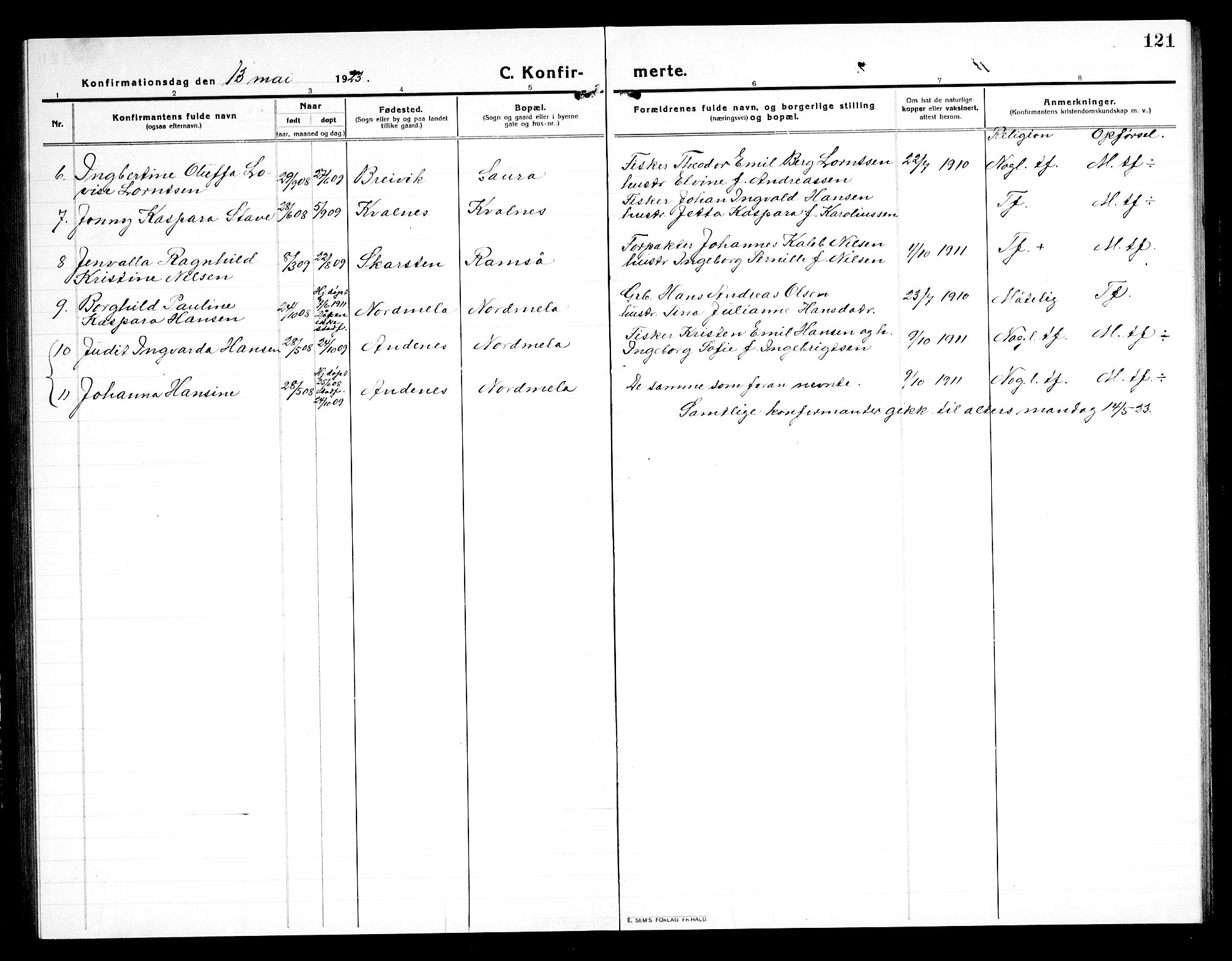 Ministerialprotokoller, klokkerbøker og fødselsregistre - Nordland, AV/SAT-A-1459/897/L1415: Parish register (copy) no. 897C05, 1916-1945, p. 121