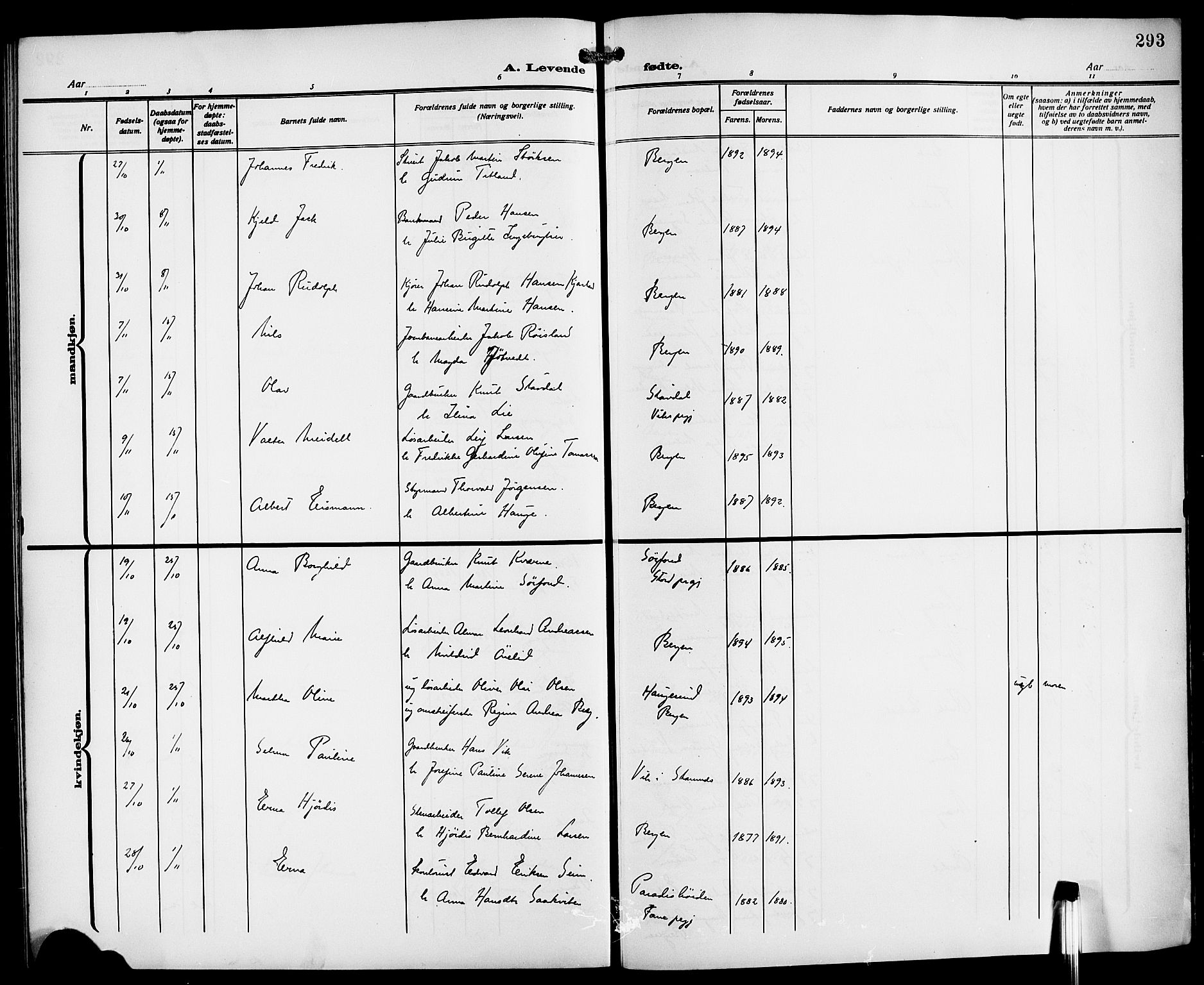 Fødselsstiftelsens sokneprestembete*, SAB/-: Parish register (copy) no. A 2, 1909-1916, p. 293