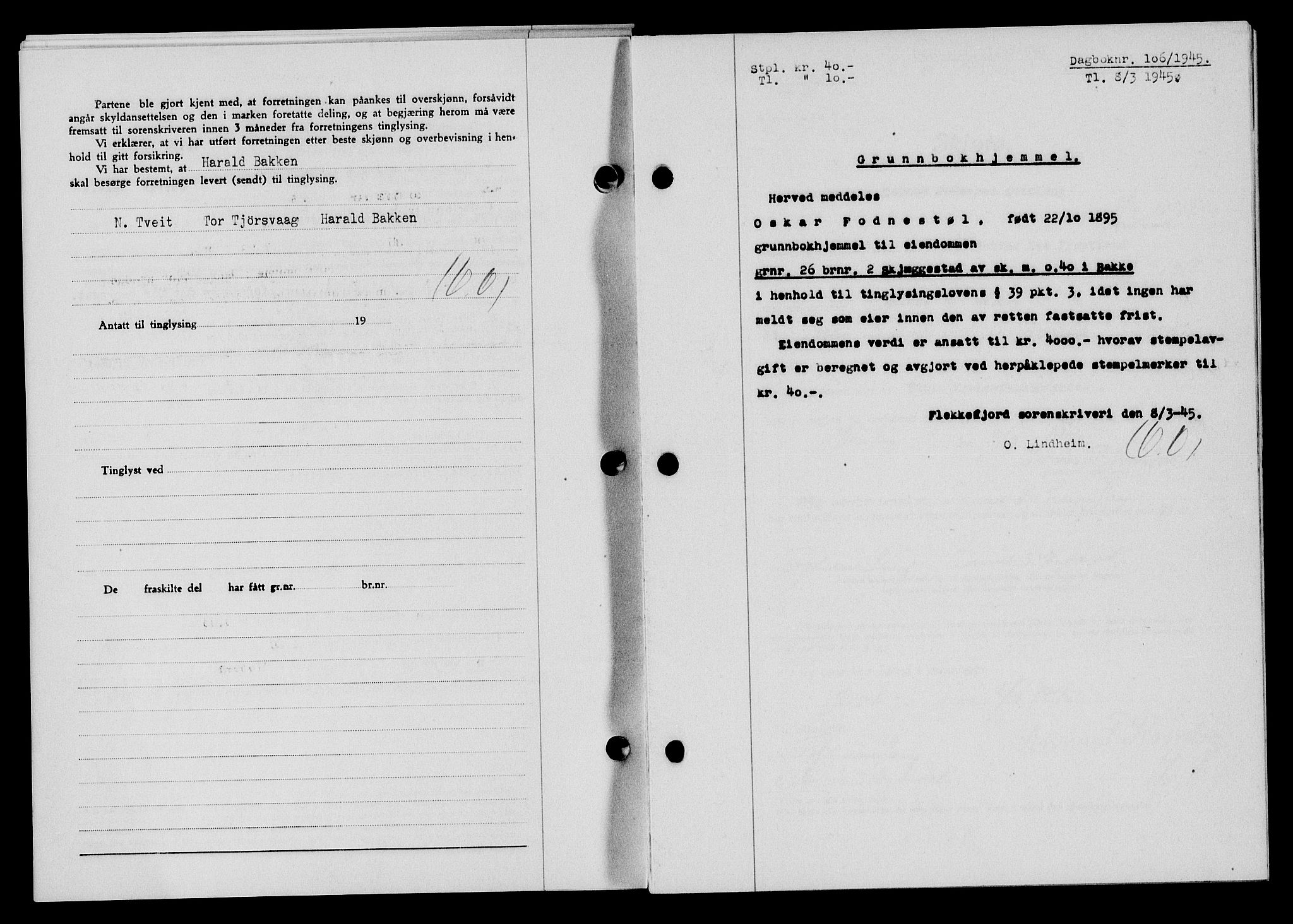 Flekkefjord sorenskriveri, SAK/1221-0001/G/Gb/Gba/L0059: Mortgage book no. A-7, 1944-1945, Diary no: : 106/1945