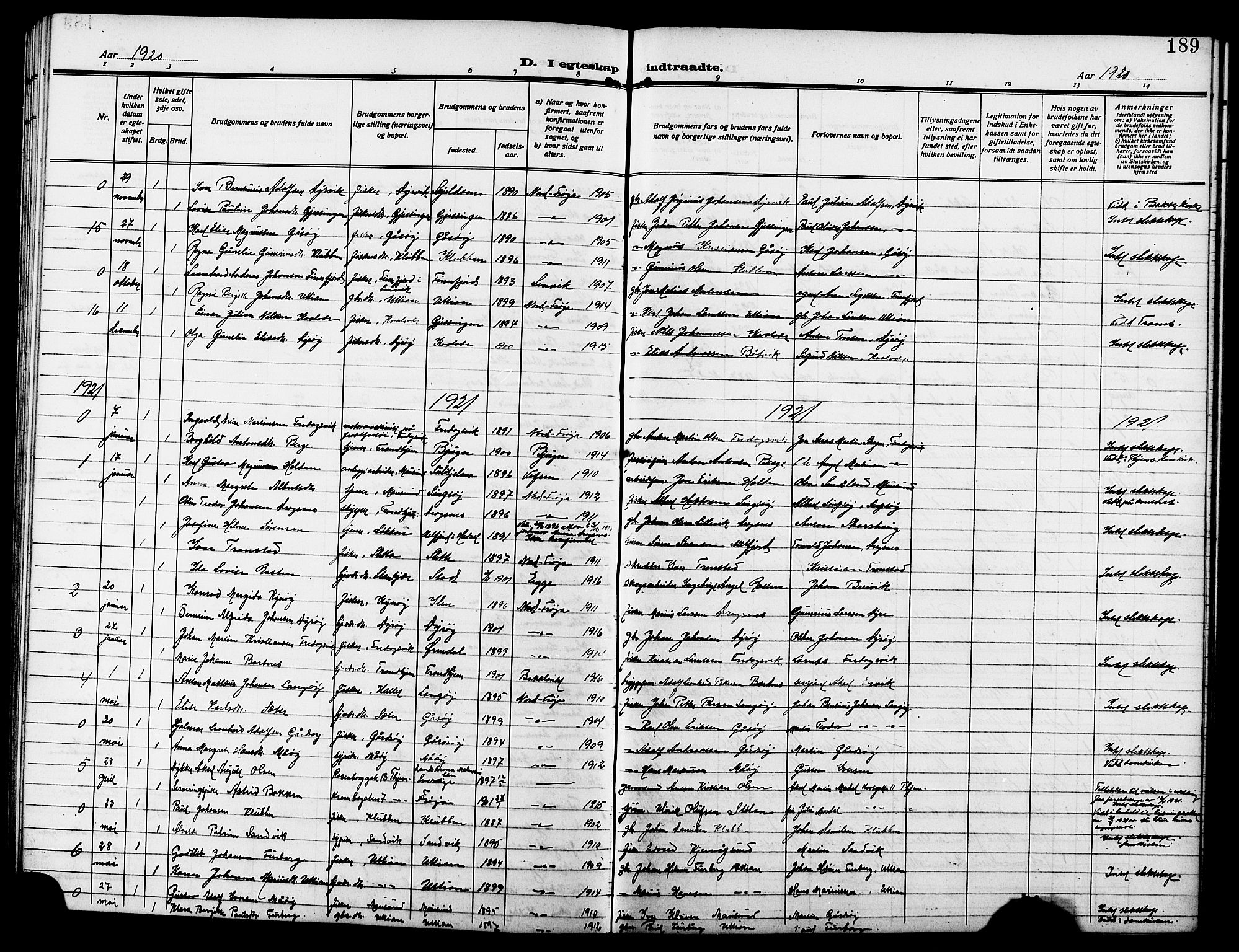 Ministerialprotokoller, klokkerbøker og fødselsregistre - Sør-Trøndelag, SAT/A-1456/640/L0588: Parish register (copy) no. 640C05, 1909-1922, p. 189