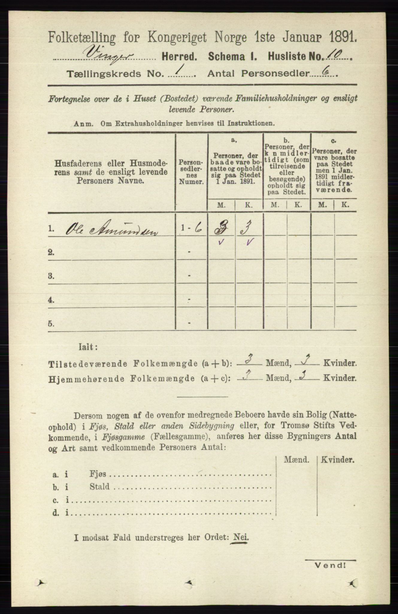 RA, 1891 census for 0421 Vinger, 1891, p. 42