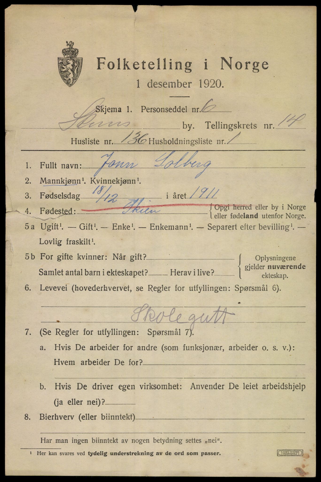 SAKO, 1920 census for Skien, 1920, p. 43526