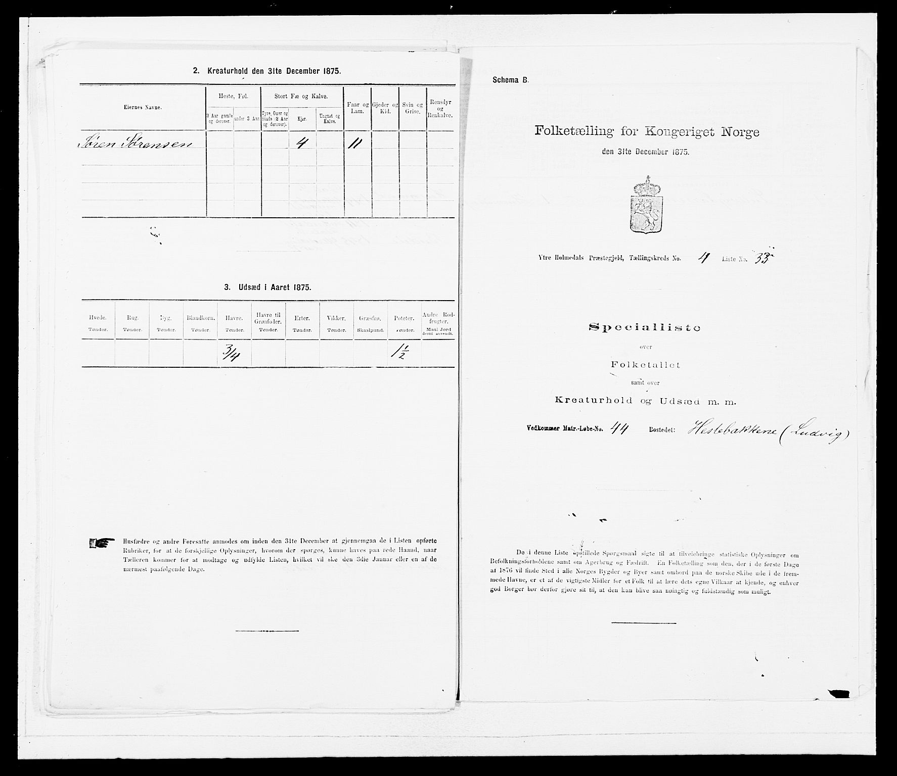 SAB, 1875 census for 1429P Ytre Holmedal, 1875, p. 334