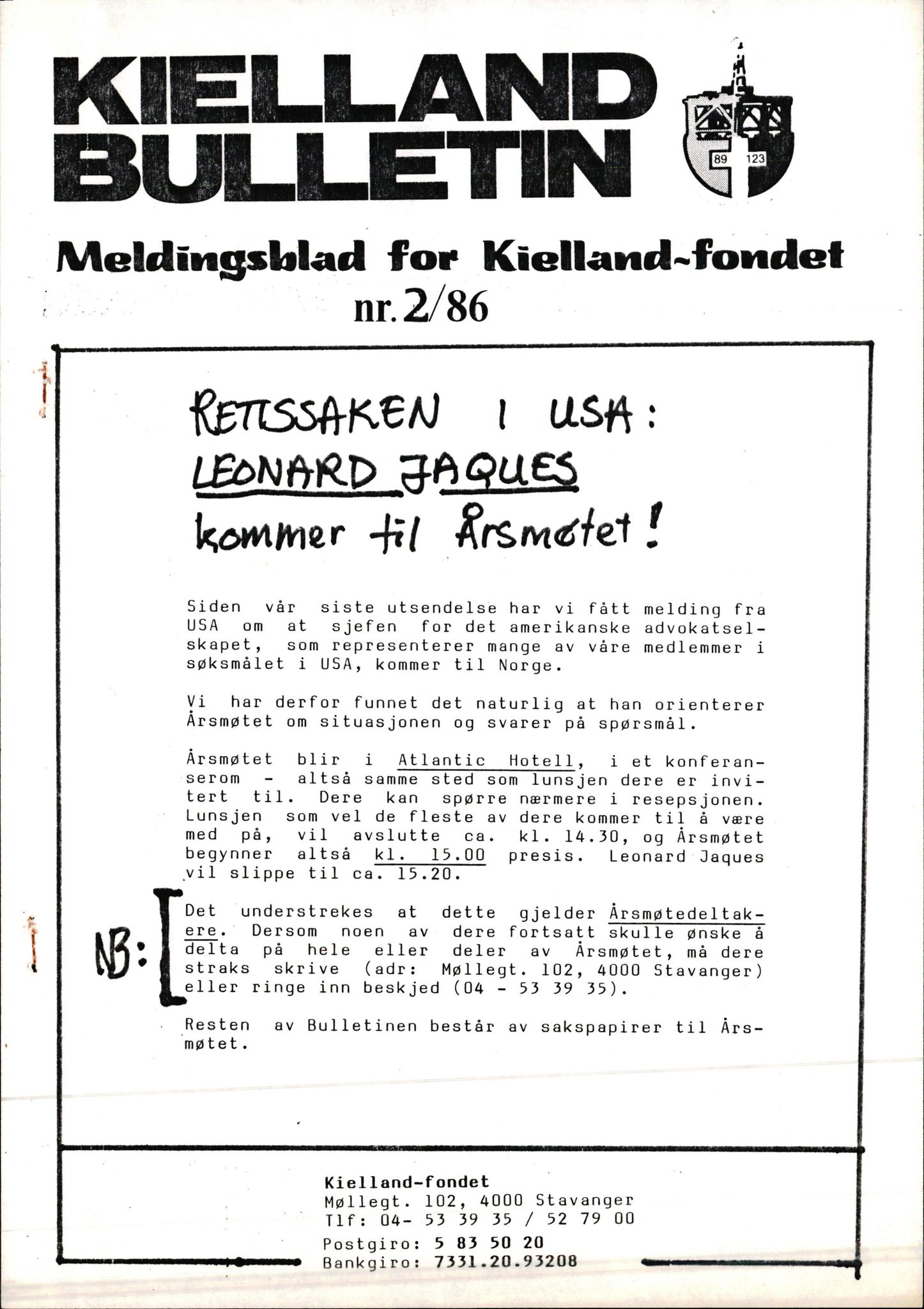 Pa 1660 - Kielland- fondet, AV/SAST-A-102242/X/Xa/L0001: Rapport til overlevende og etterlatte/ Kielland Bulletin, 1980-1998