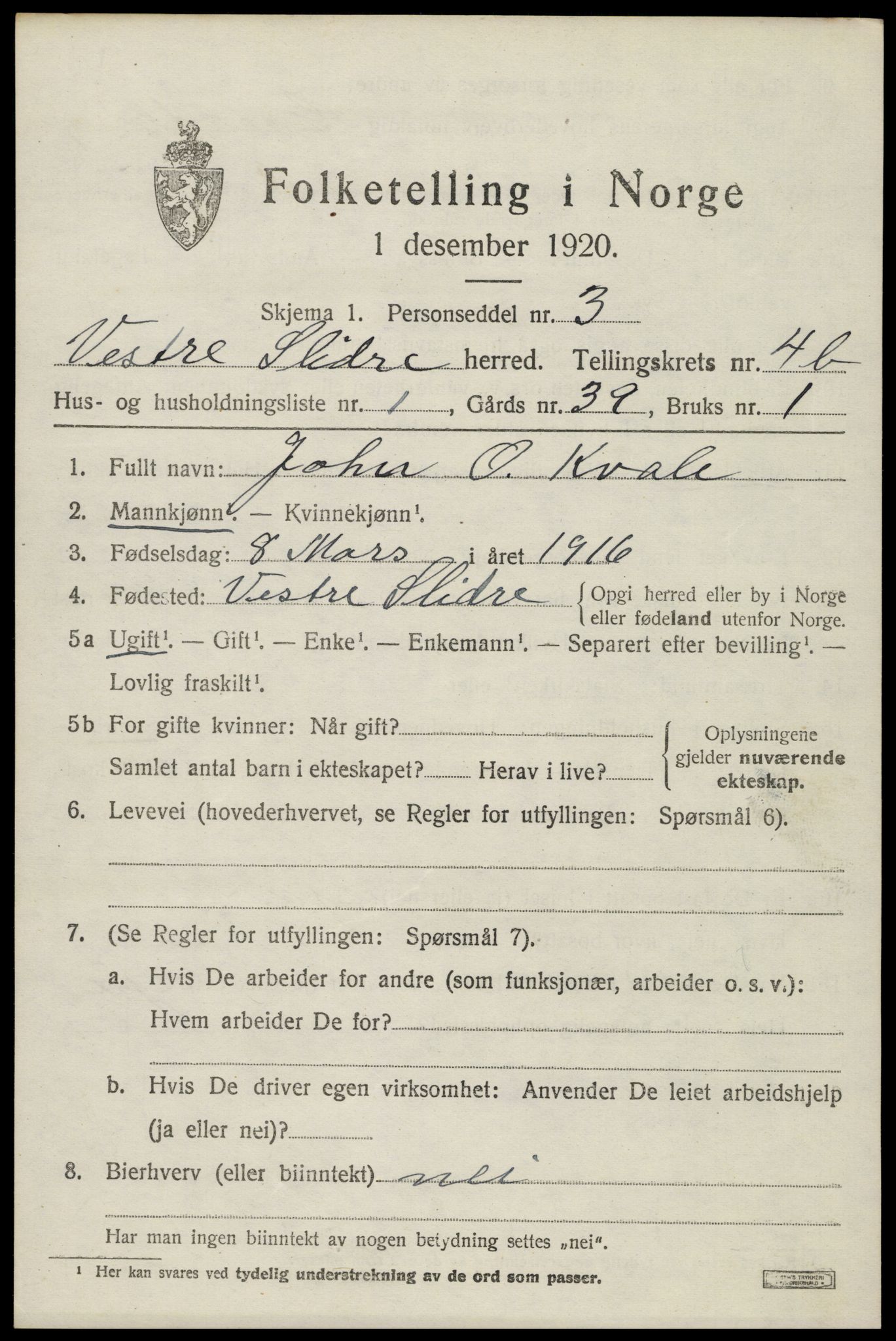 SAH, 1920 census for Vestre Slidre, 1920, p. 2282