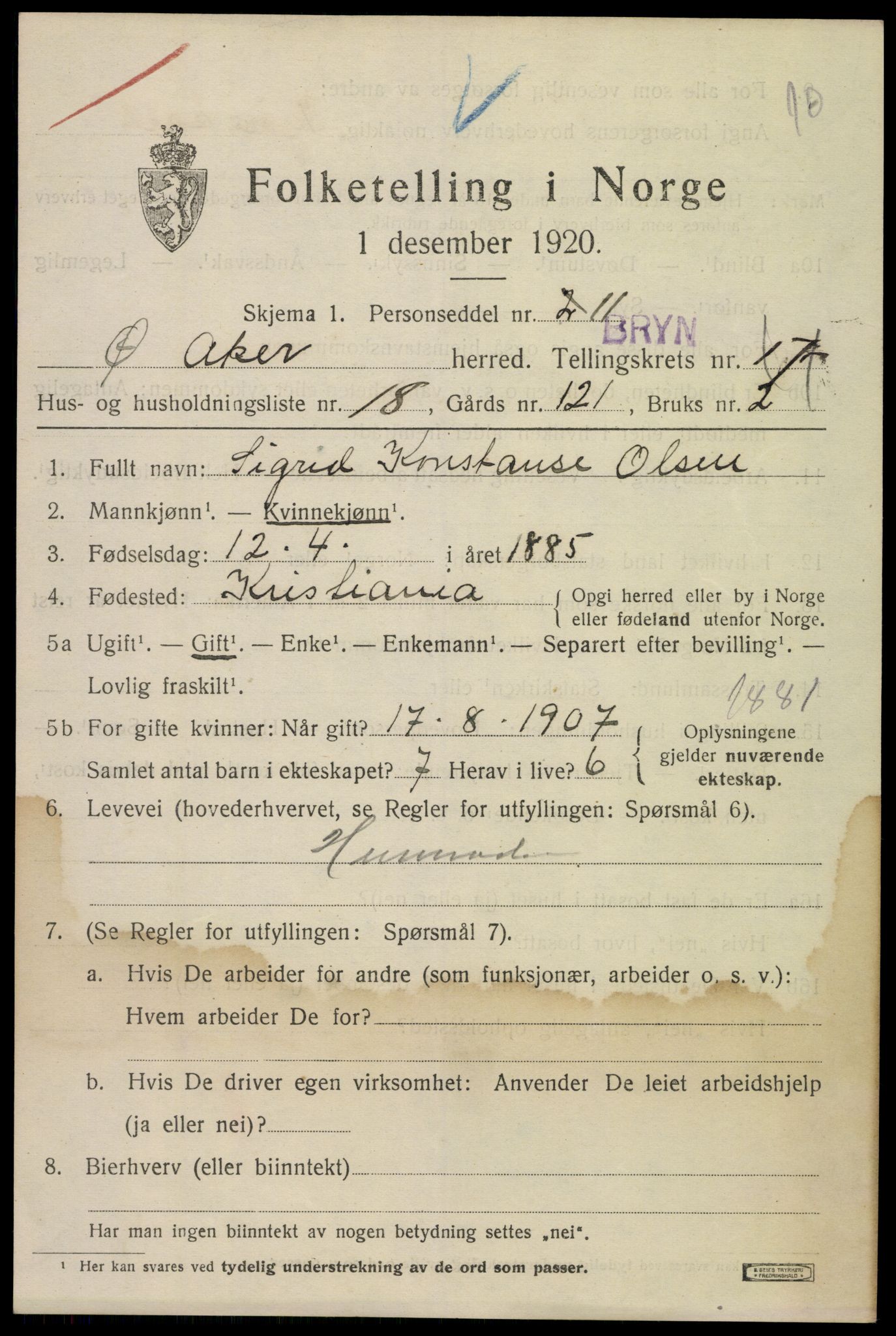 SAO, 1920 census for Aker, 1920, p. 100366