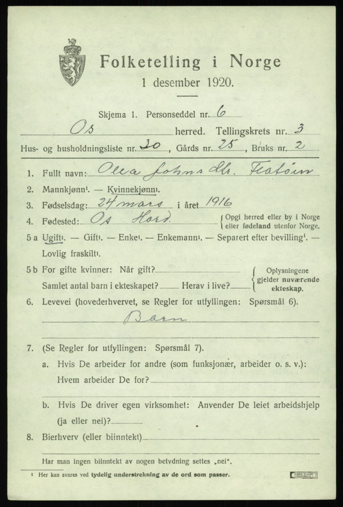 SAB, 1920 census for Os, 1920, p. 2942