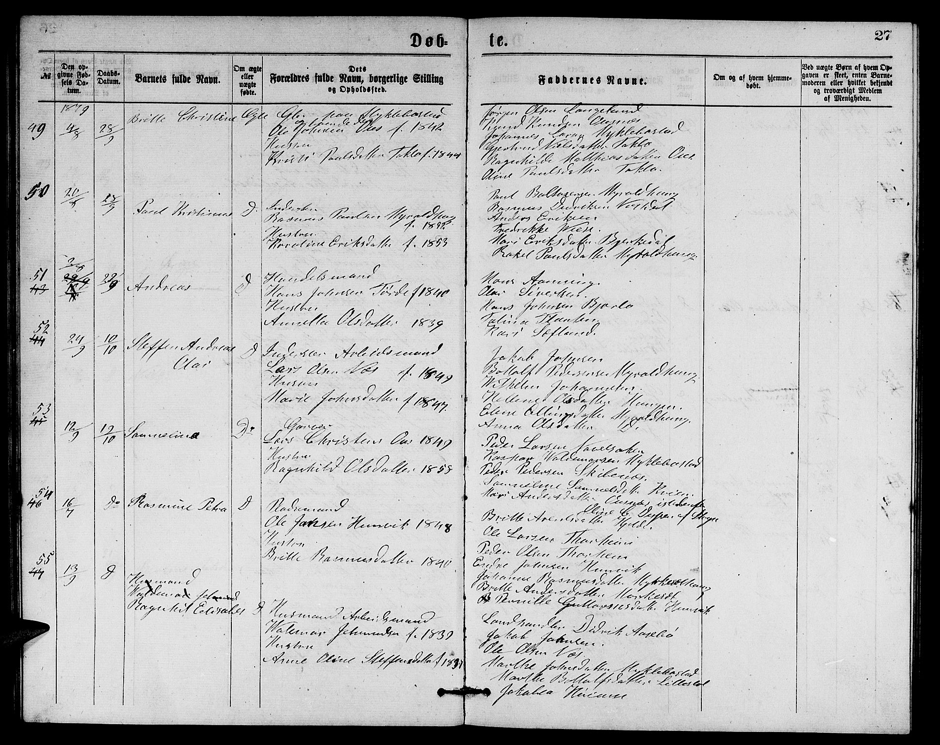 Eid sokneprestembete, AV/SAB-A-82301/H/Hab/Habb/L0001: Parish register (copy) no. B 1, 1877-1882, p. 27