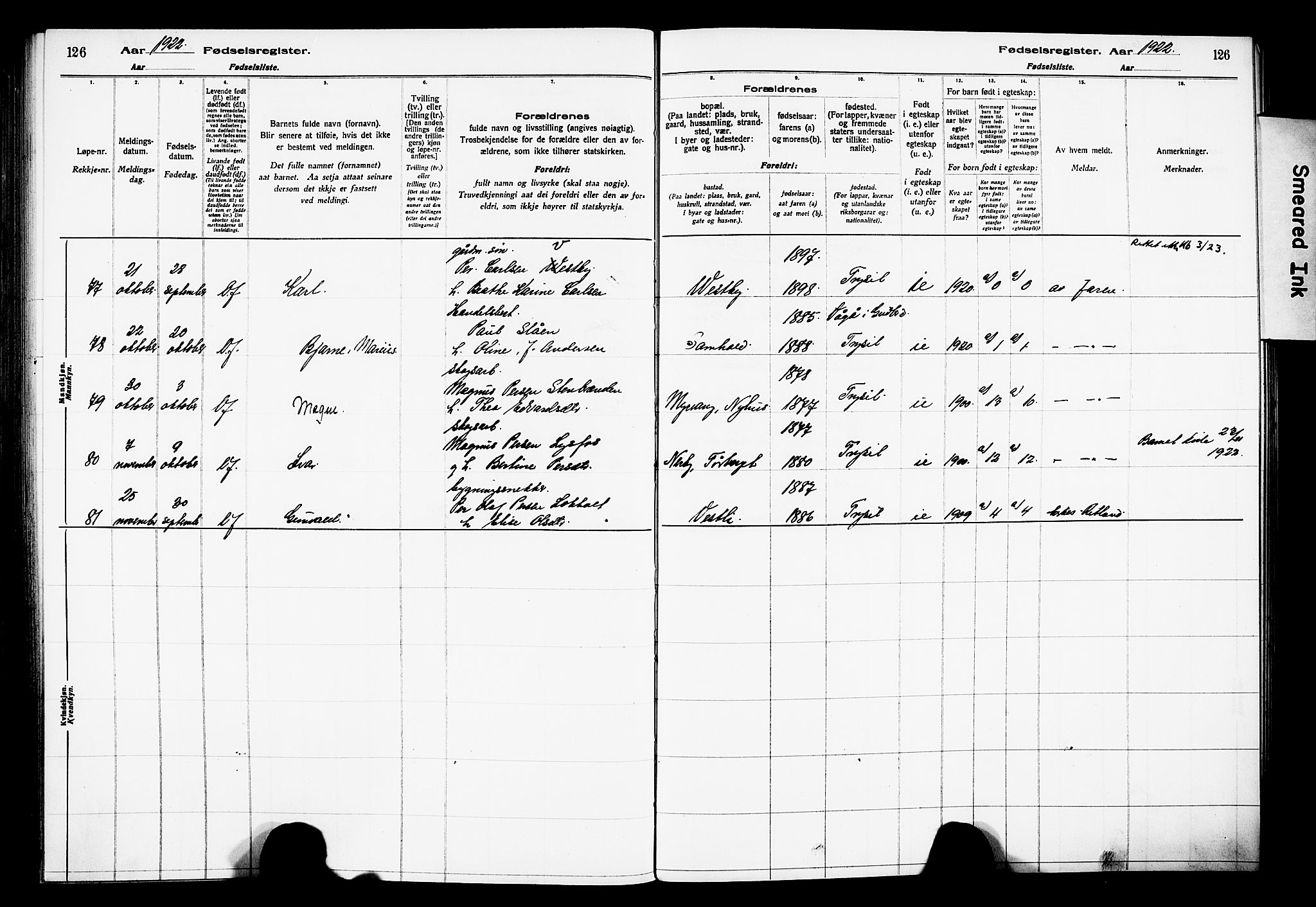 Trysil prestekontor, AV/SAH-PREST-046/I/Id/Ida/L0001: Birth register no. I 1, 1916-1927, p. 126