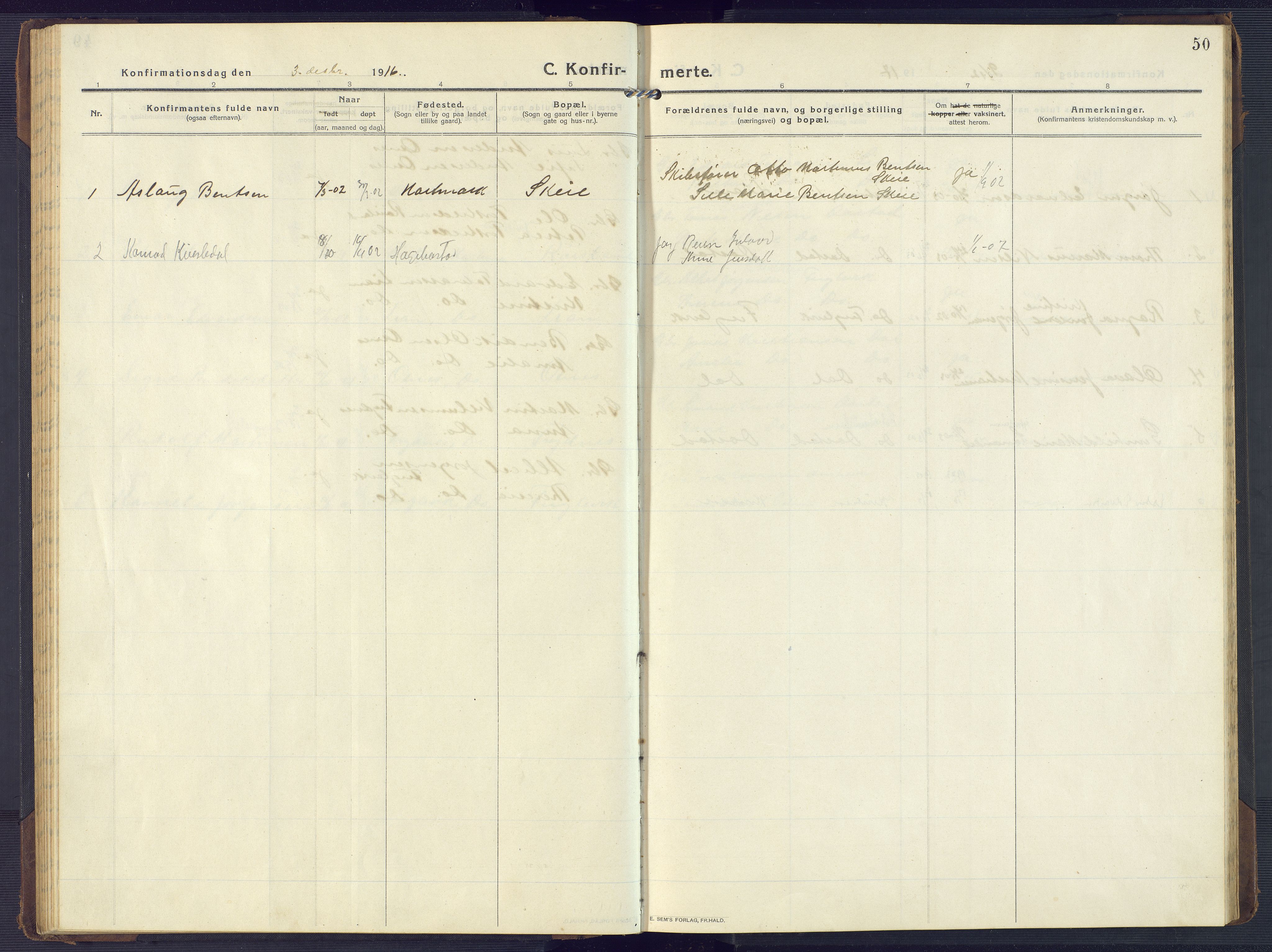 Mandal sokneprestkontor, SAK/1111-0030/F/Fb/Fbb/L0005: Parish register (copy) no. B 5, 1913-1957, p. 50