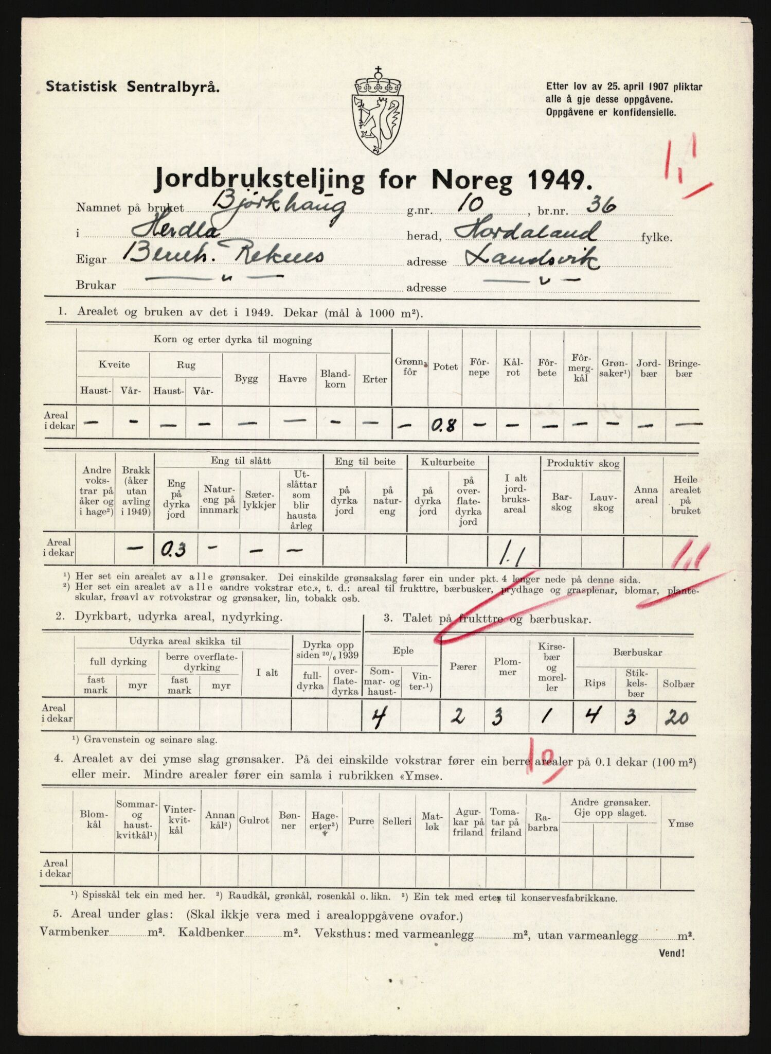 Statistisk sentralbyrå, Næringsøkonomiske emner, Jordbruk, skogbruk, jakt, fiske og fangst, AV/RA-S-2234/G/Gc/L0276: Hordaland: Herdla og Hjelme, 1949, p. 72