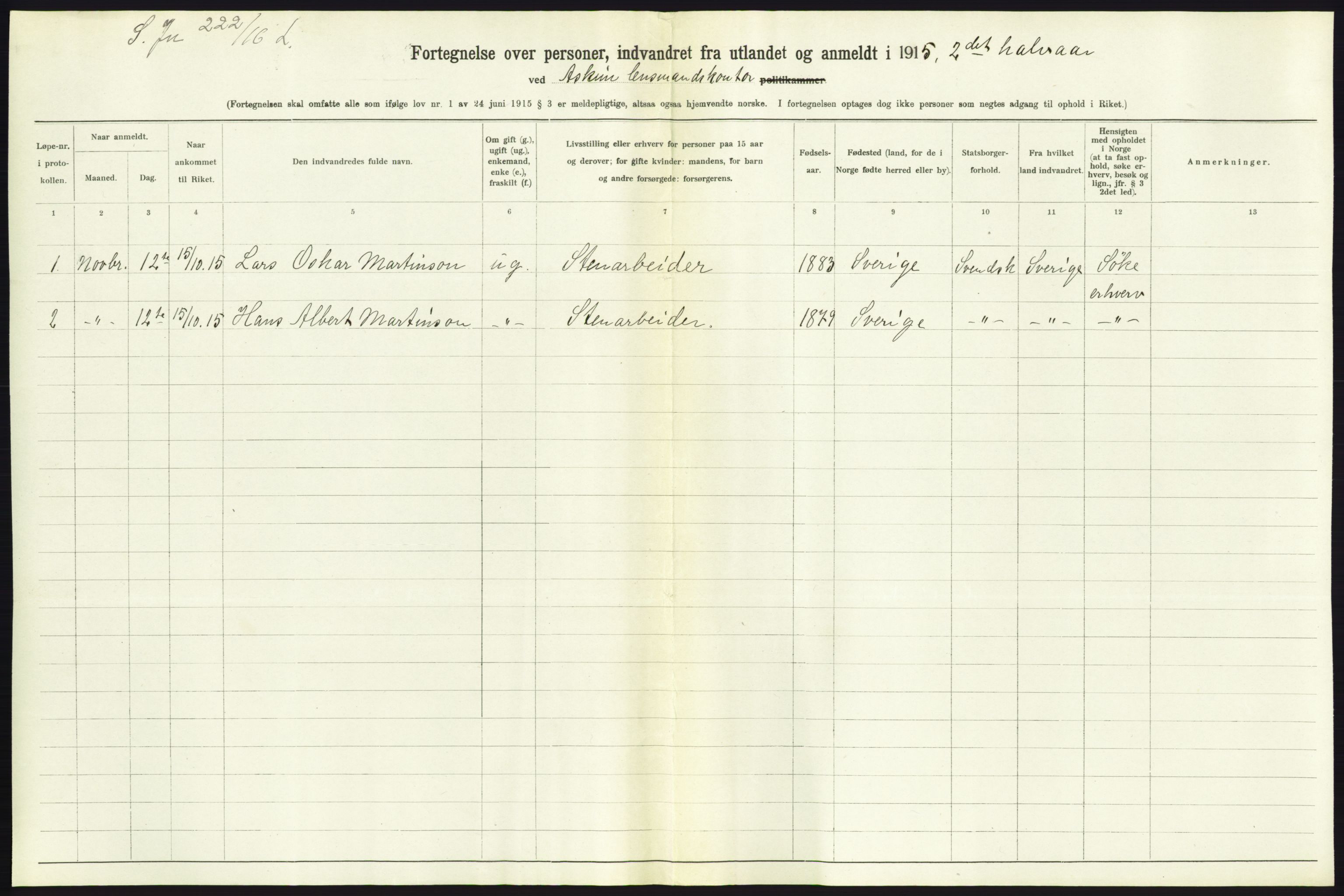 Statistisk sentralbyrå, Sosioøkonomiske emner, Folketellinger, boliger og boforhold, AV/RA-S-2231/F/Fa/L0001: Innvandring. Navn/fylkesvis, 1915, p. 213