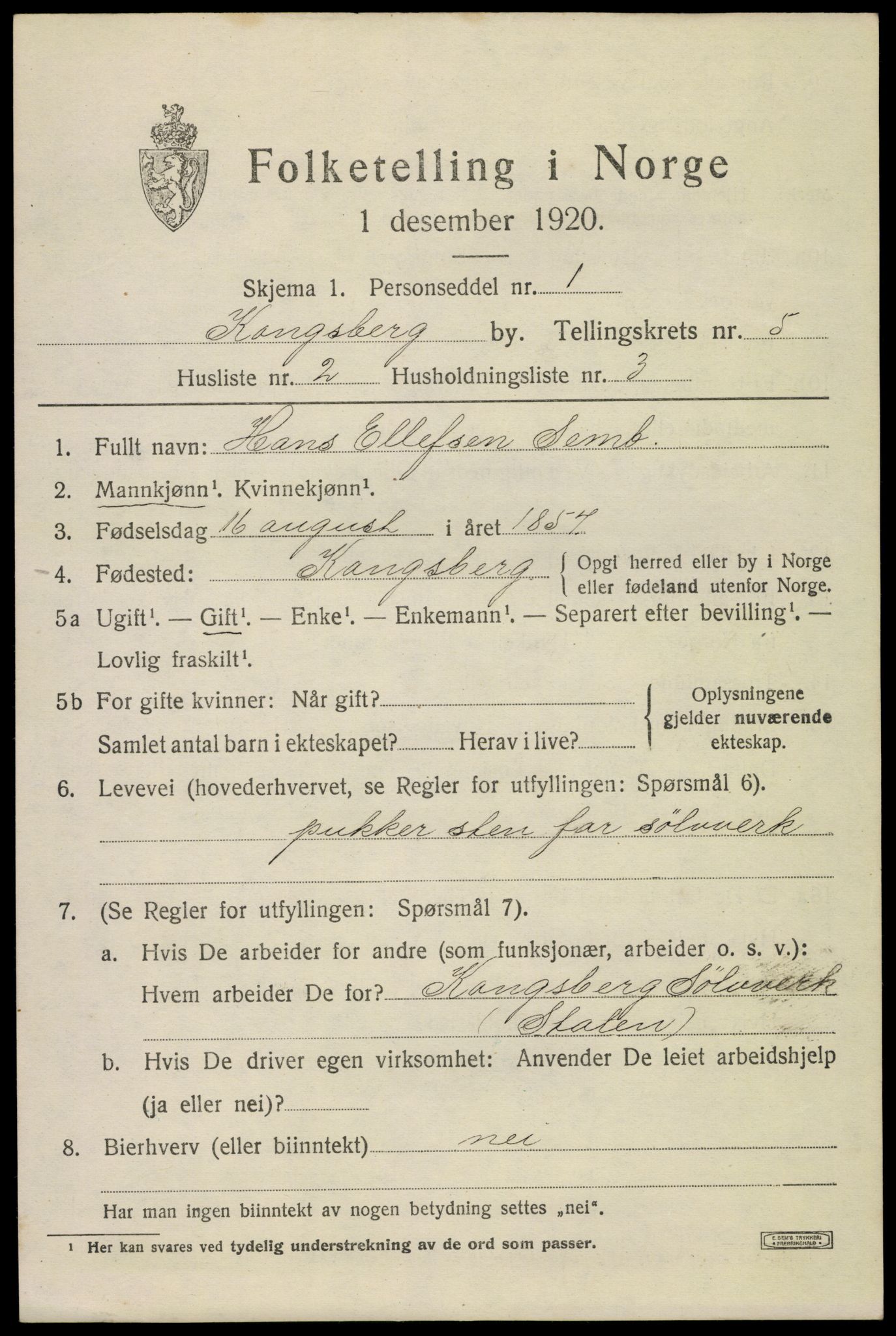 SAKO, 1920 census for Kongsberg, 1920, p. 12470