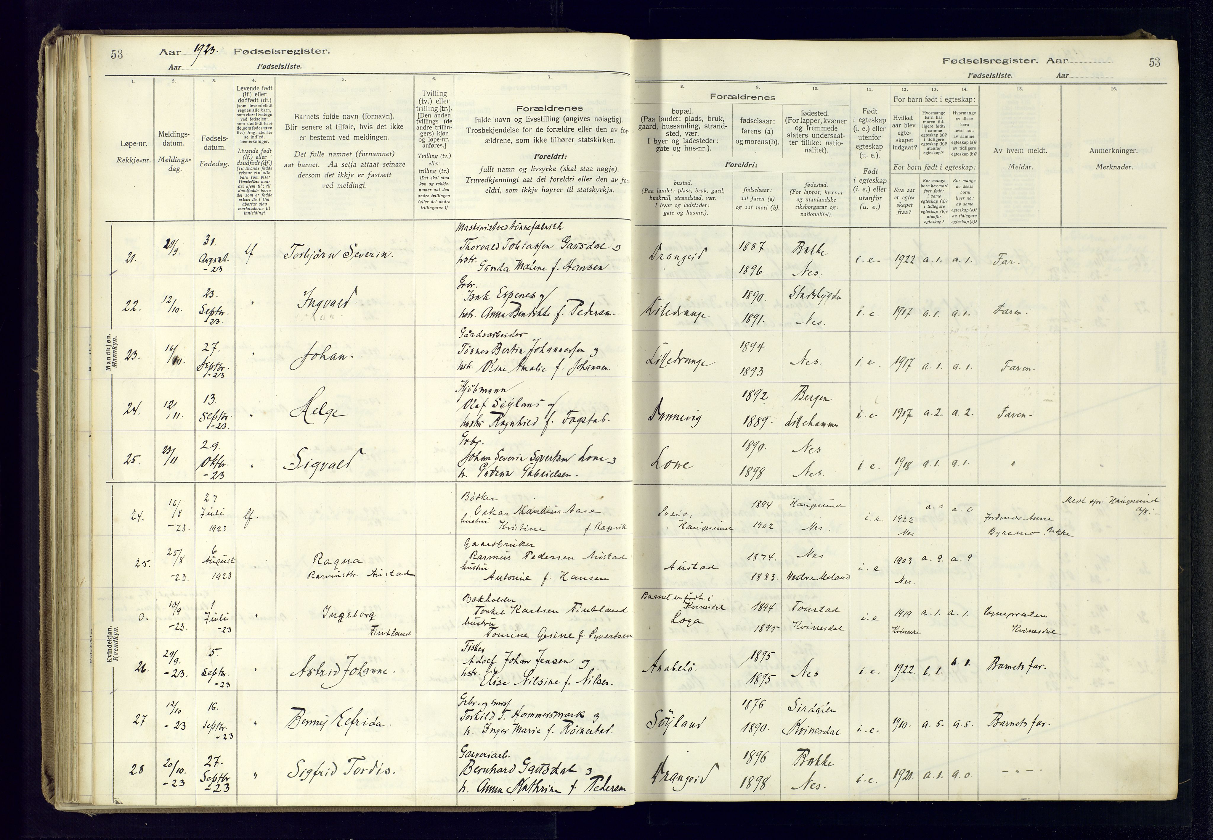 Flekkefjord sokneprestkontor, AV/SAK-1111-0012/J/Ja/L0005: Birth register no. 5, 1916-1950, p. 53