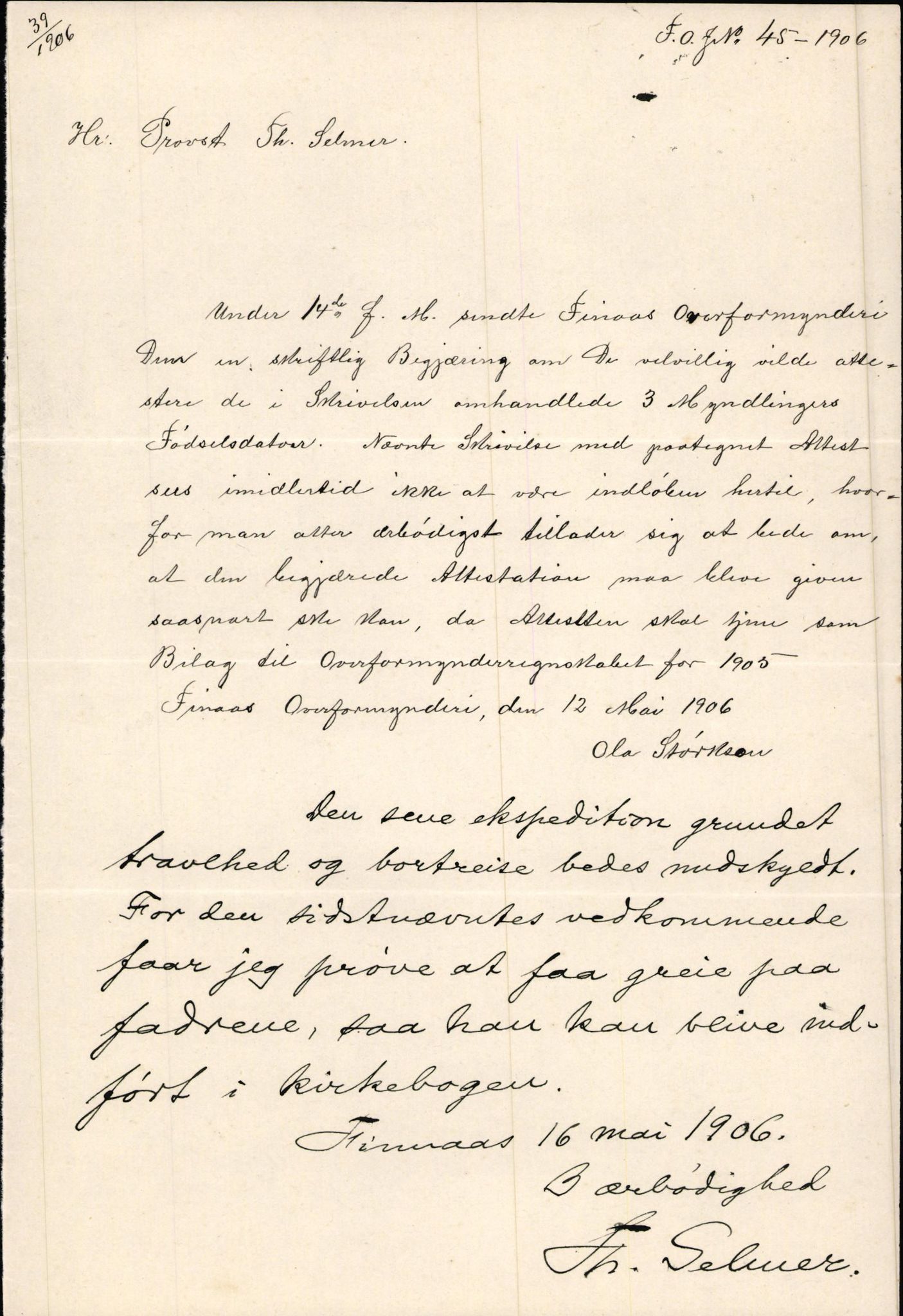 Finnaas kommune. Overformynderiet, IKAH/1218a-812/D/Da/Daa/L0002/0003: Kronologisk ordna korrespondanse / Kronologisk ordna korrespondanse, 1905-1909, p. 64