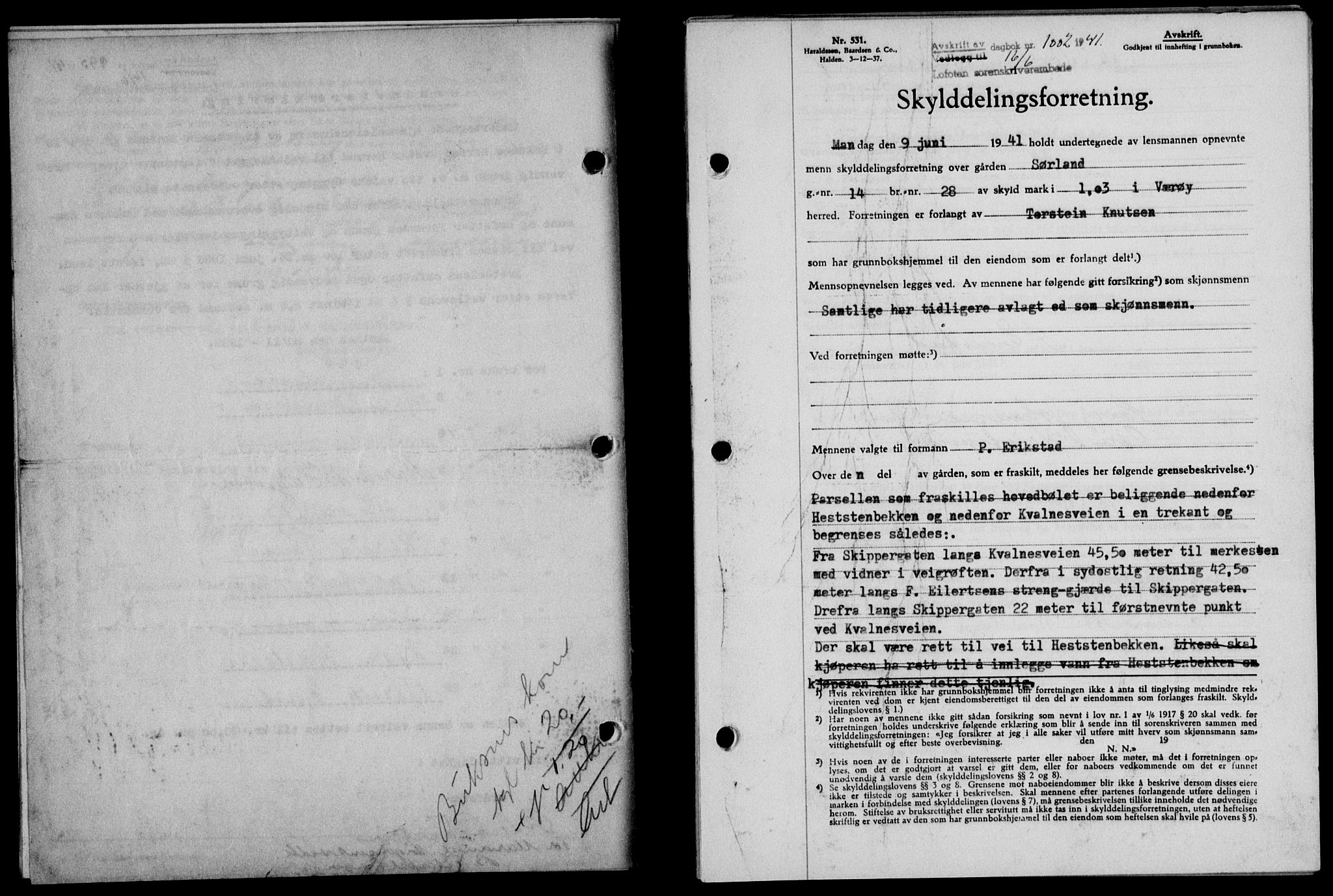 Lofoten sorenskriveri, SAT/A-0017/1/2/2C/L0008a: Mortgage book no. 8a, 1940-1941, Diary no: : 1002/1941