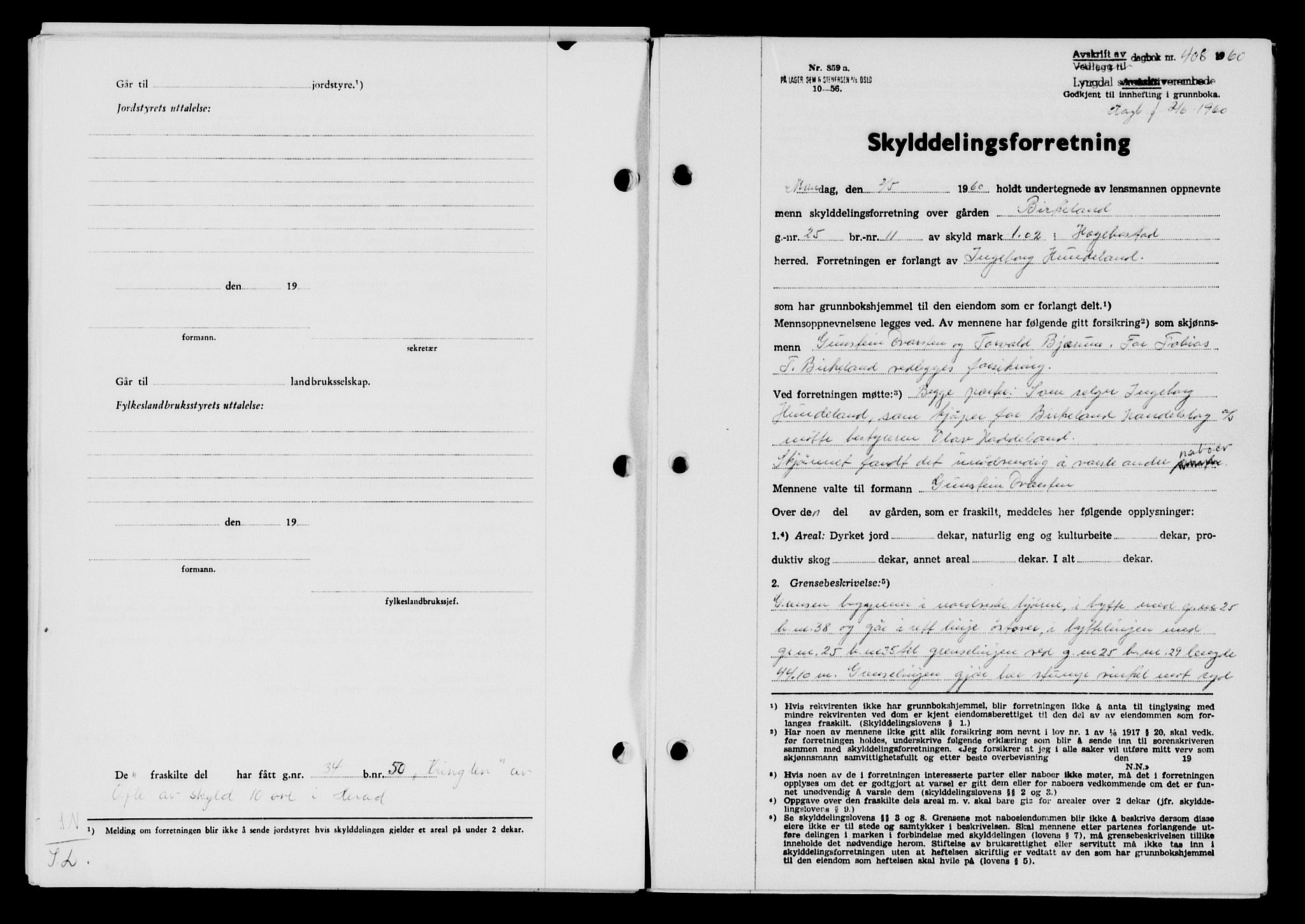 Lyngdal sorenskriveri, AV/SAK-1221-0004/G/Gb/L0679: Mortgage book no. A XXV, 1959-1960, Diary no: : 408/1960