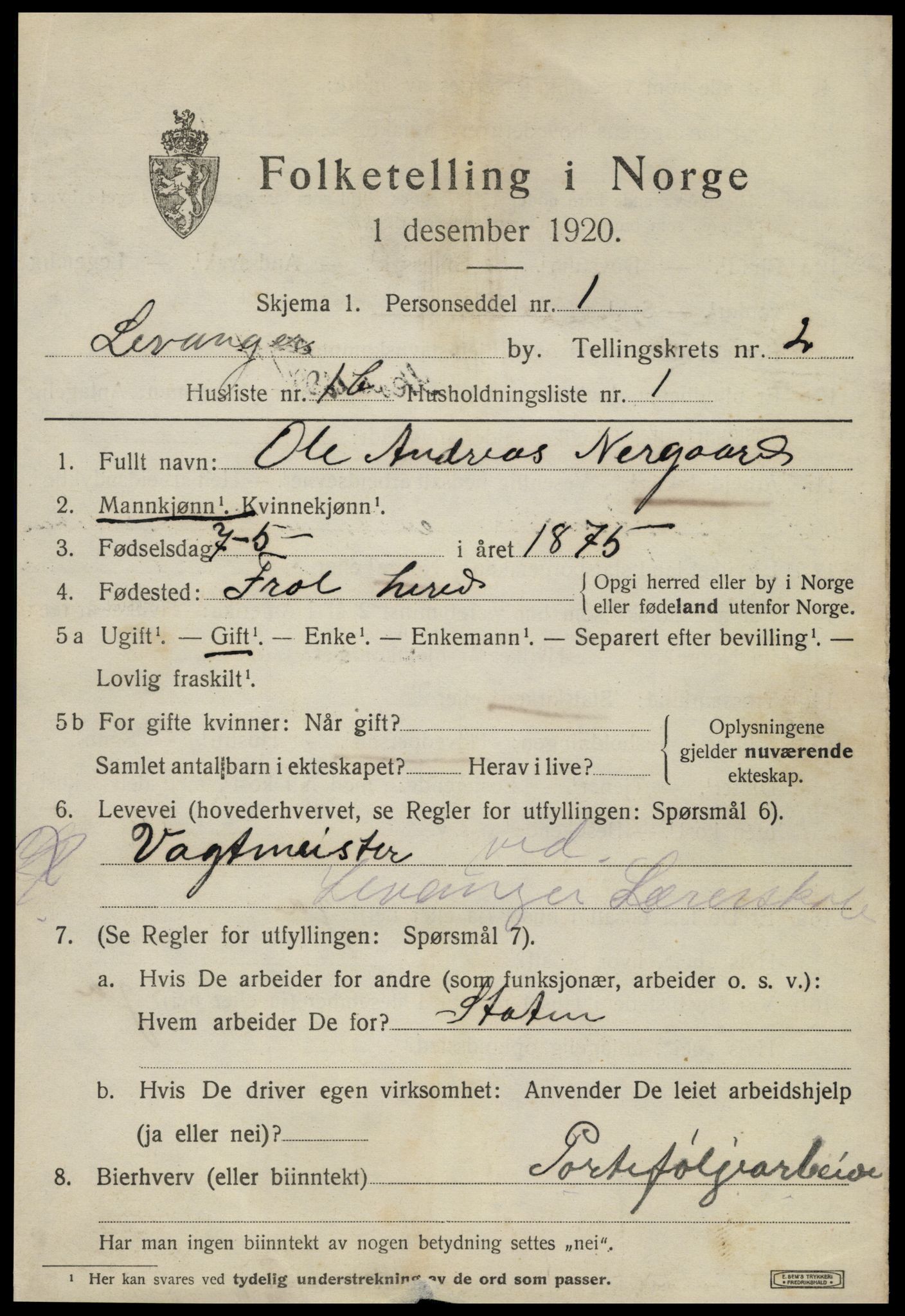 SAT, 1920 census for Levanger town, 1920, p. 2788