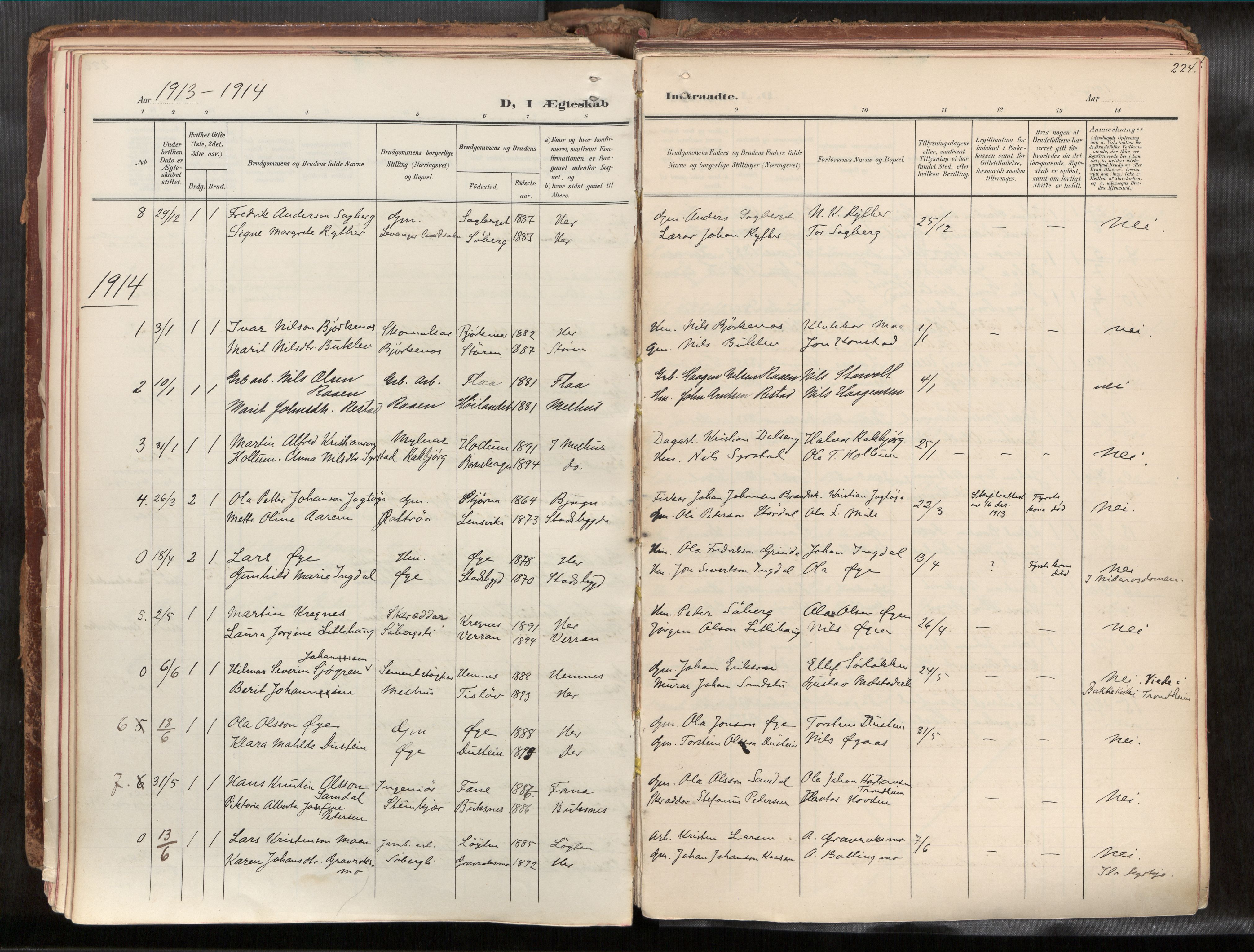 Ministerialprotokoller, klokkerbøker og fødselsregistre - Sør-Trøndelag, SAT/A-1456/691/L1085b: Parish register (official) no. 691A18, 1908-1930, p. 224