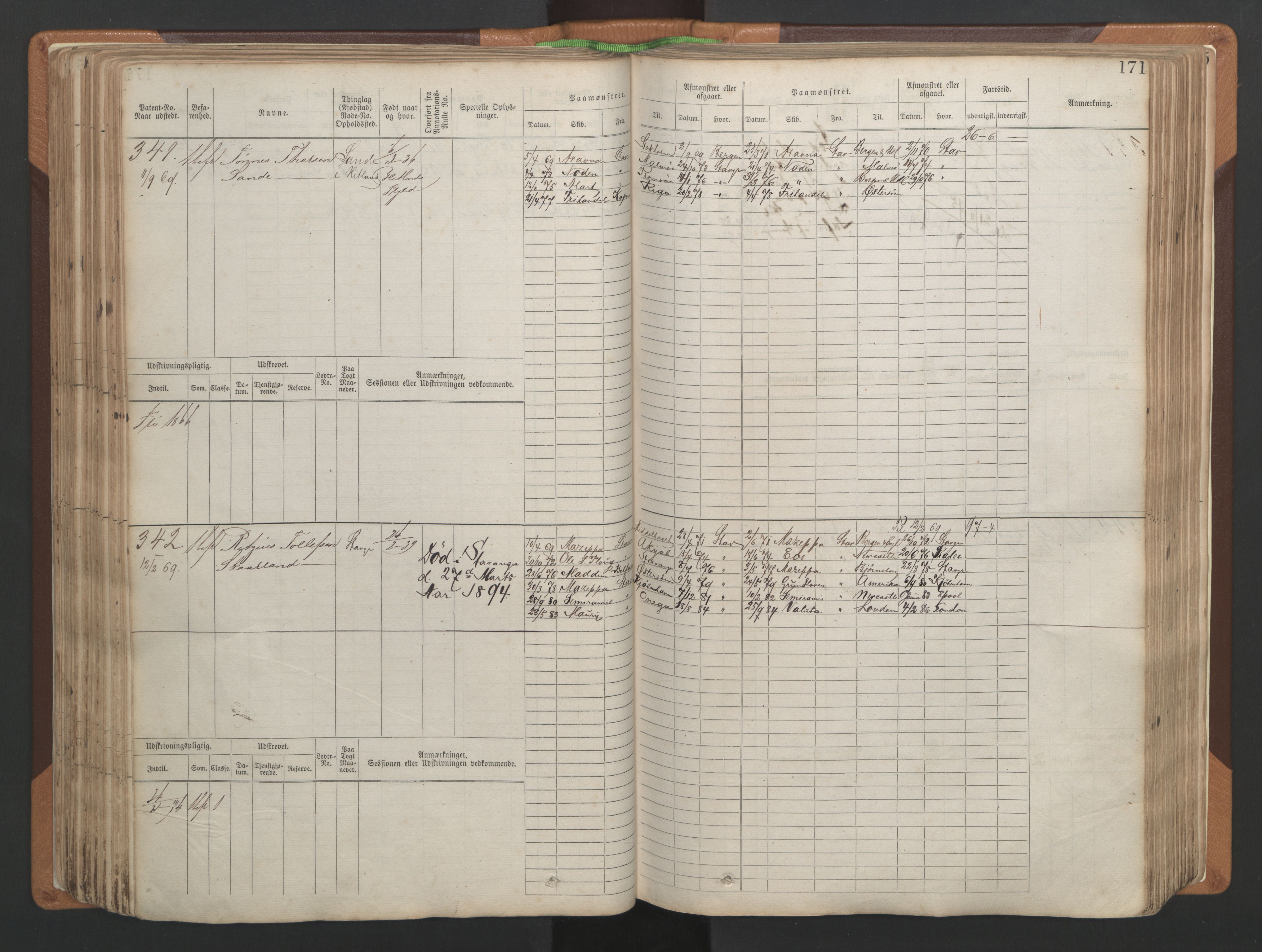 Stavanger sjømannskontor, AV/SAST-A-102006/F/Fb/Fbb/L0004: Sjøfartshovedrulle, patentnr. 1-792 (del 1), 1869-1880, p. 175