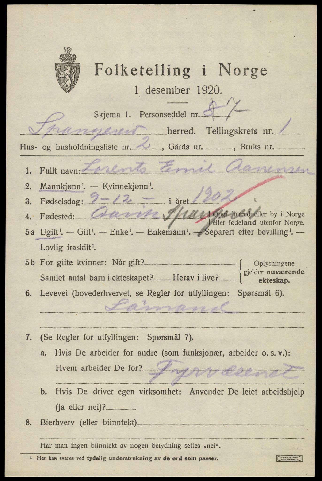 SAK, 1920 census for Spangereid, 1920, p. 847