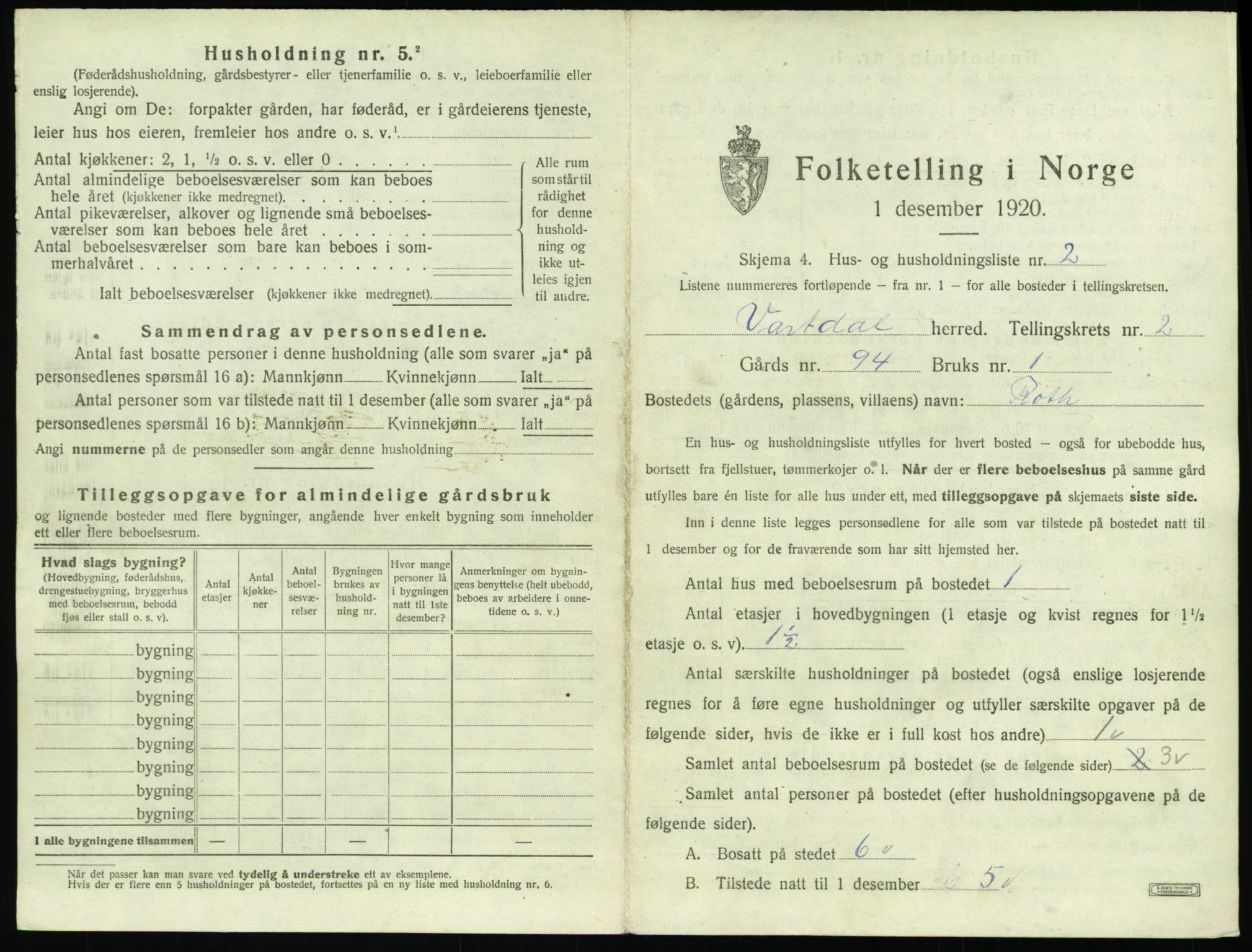 SAT, 1920 census for Vartdal, 1920, p. 93